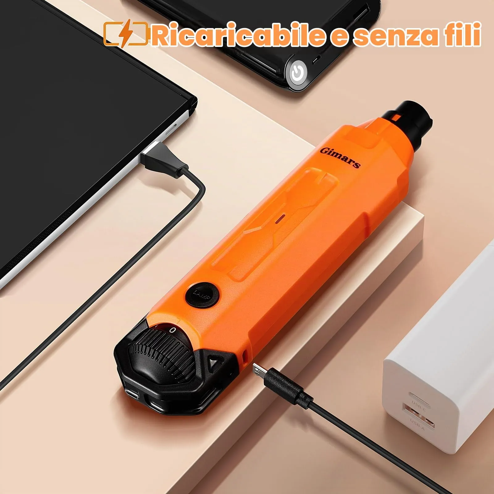 Gimars Tagliaunghie Elettrico per Cani, 6 velocità, Luce LED, Ricaricabile USB, 3 Porte, Arancia - immagine 6