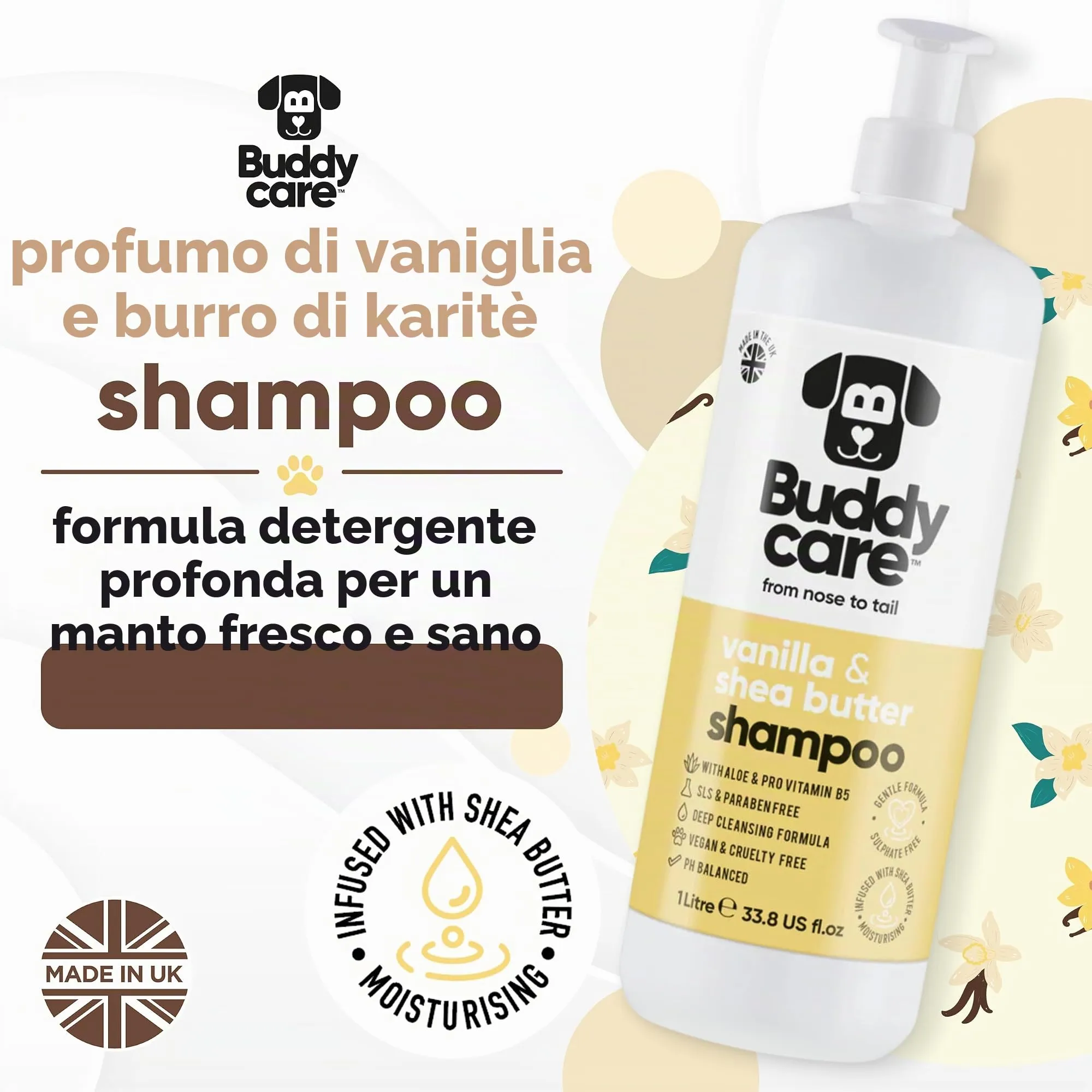 Buddycare Shampoo per Cani alla Vaniglia e Burro di Karité con Aloe Vera e Pro-vitamina B5, 1000 ml - immagine 2
