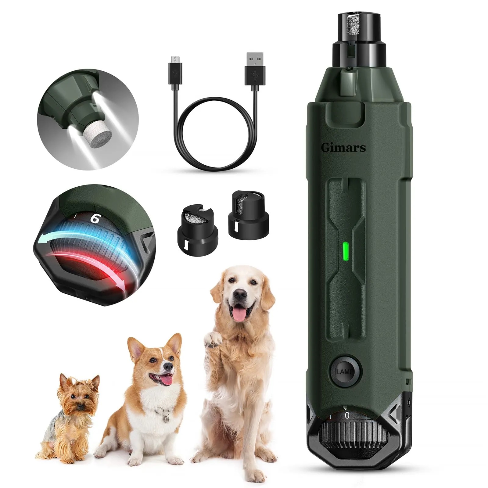 Gimars Lima Unghie Elettrica per Cani, 6 velocità, Luce LED, Ricaricabile USB, 3 Porte, Army Green - immagine 1