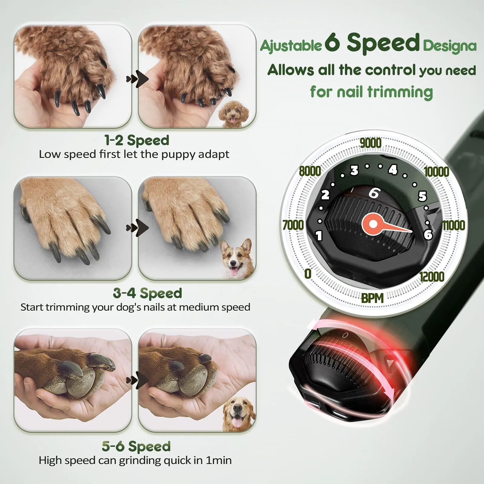 Gimars Lima Unghie Elettrica per Cani, 6 velocità, Luce LED, Ricaricabile USB, 3 Porte, Army Green - immagine 2