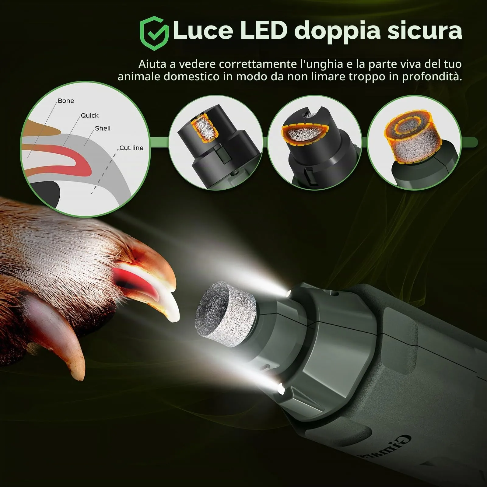 Gimars Lima Unghie Elettrica per Cani, 6 velocità, Luce LED, Ricaricabile USB, 3 Porte, Army Green - immagine 4