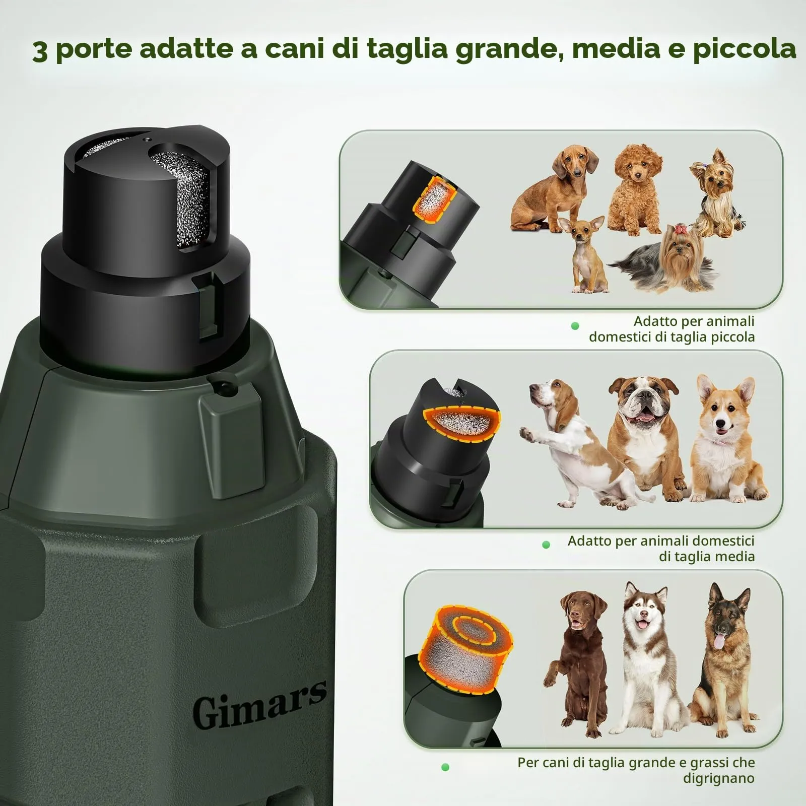 Gimars Lima Unghie Elettrica per Cani, 6 velocità, Luce LED, Ricaricabile USB, 3 Porte, Army Green - immagine 5