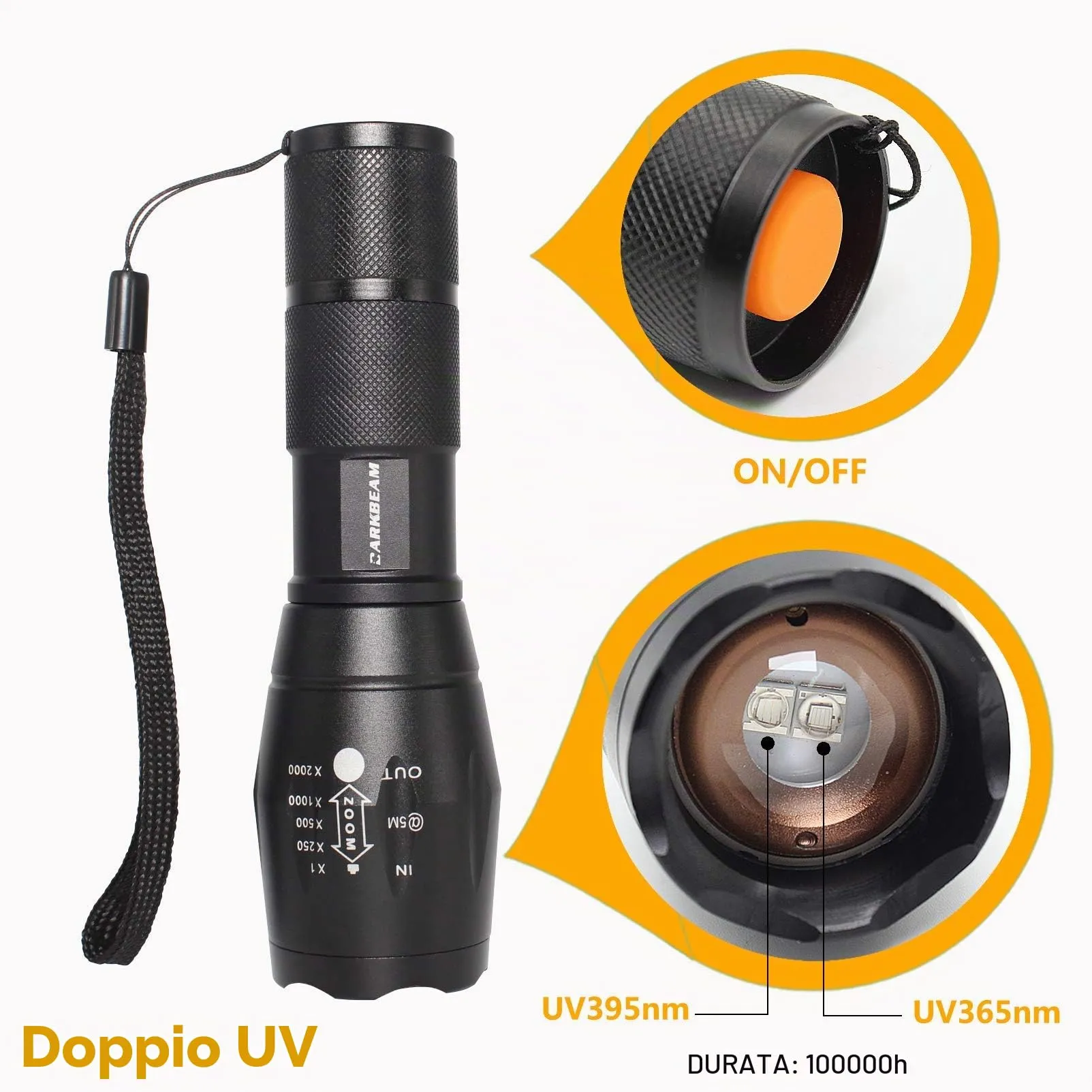 DARKBEAM A100 Torcia UV LED 365nm 395nm, Lampada di Wood Portatile - immagine 3