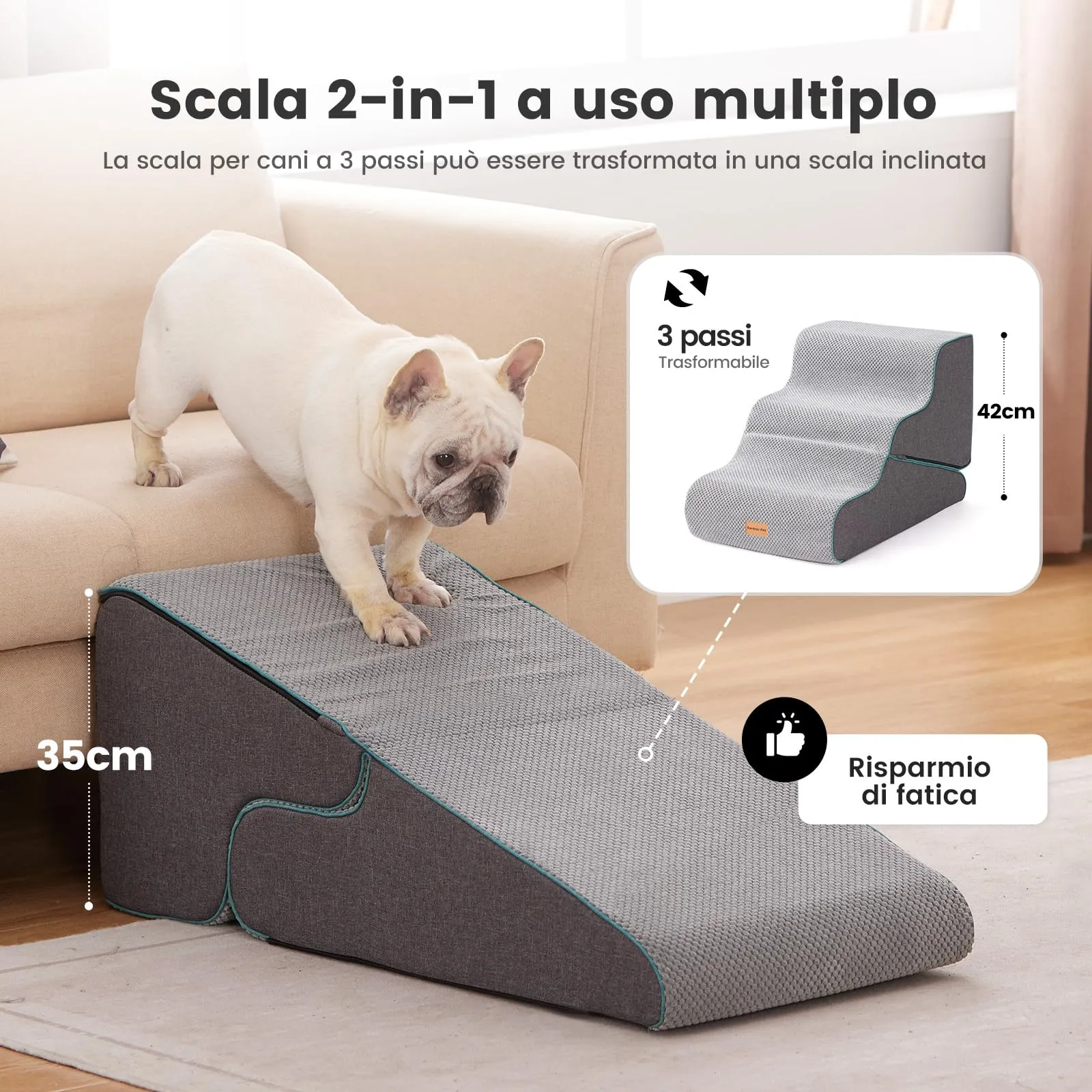 Gardner Pet Scala Cani Pieghevole 2-in-1, 3 Gradini, Grigio - immagine 2