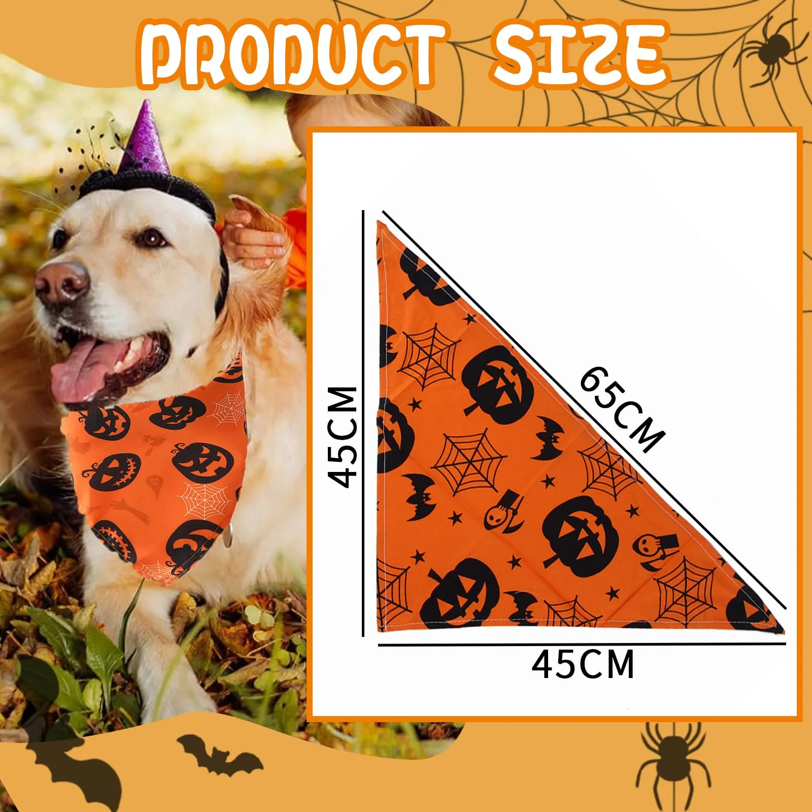 ARYIMYDP Bandana Halloween per Cani e Gatti, Set da 2 Pezzi, Costume Zucca, 65 x 45 x 45 cm - immagine 2