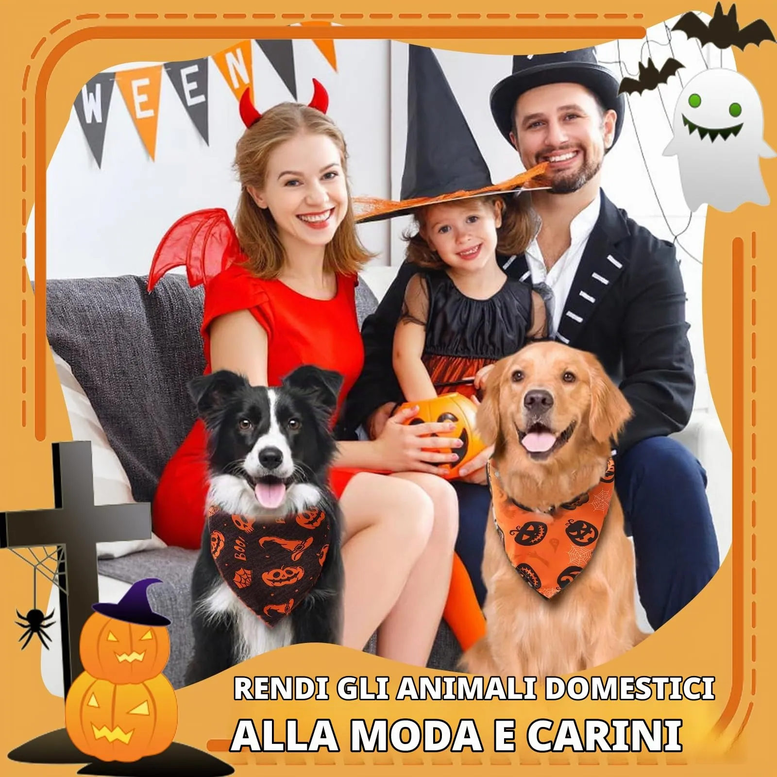 ARYIMYDP Bandana Halloween per Cani e Gatti, Set da 2 Pezzi, Costume Zucca, 65 x 45 x 45 cm - immagine 4