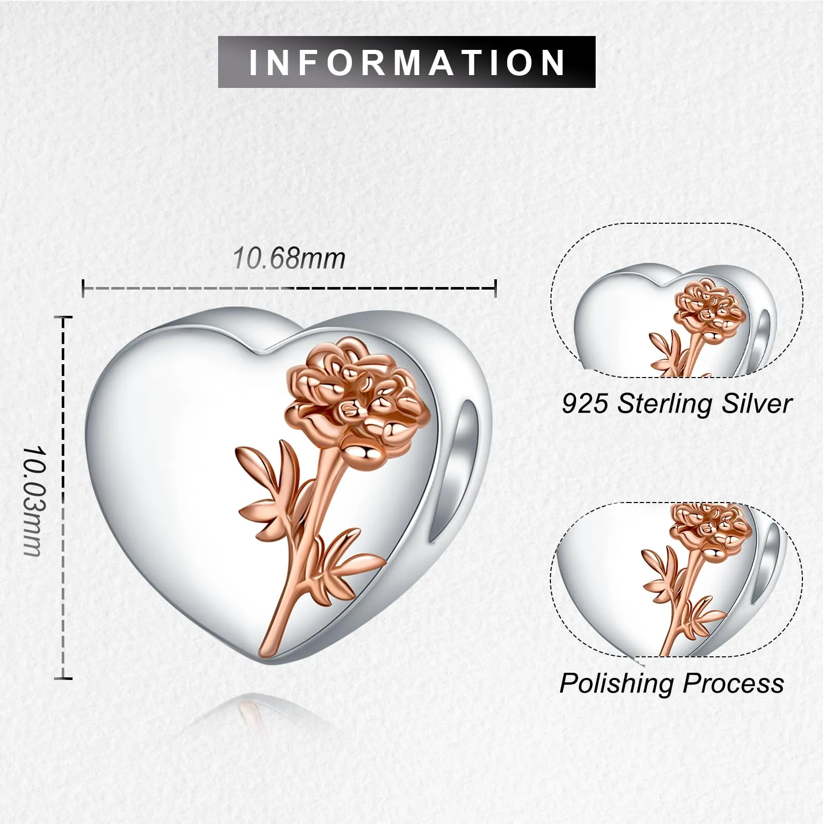 LaMenars Personalized Photo Charms Birth Flower October Cosmos Sterling Silver Heart Beads for Bracelets and Necklaces - immagine 3