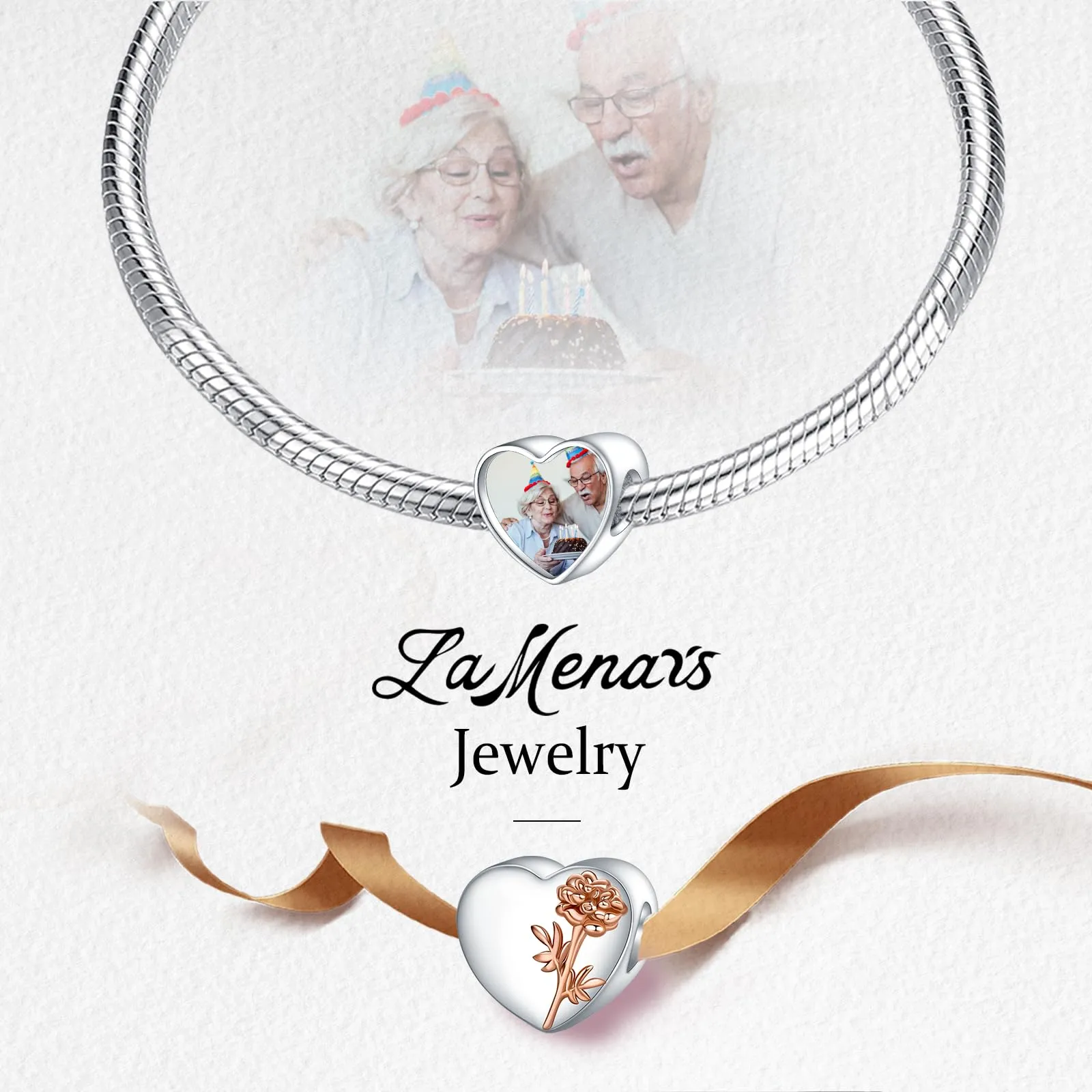 LaMenars Personalized Photo Charms Birth Flower October Cosmos Sterling Silver Heart Beads for Bracelets and Necklaces - immagine 4