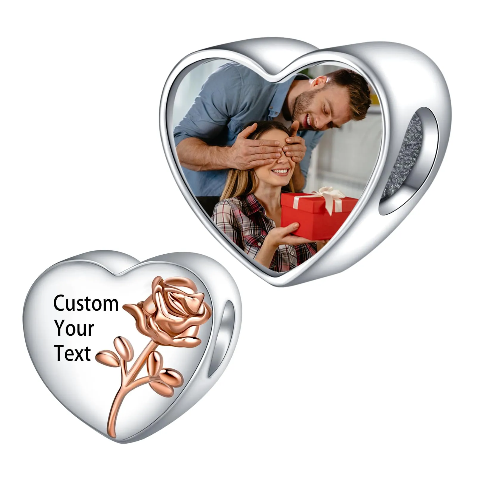 LaMenars Personalized Photo Charms Birth Flower June Rose Beads Sterling Silver Heart for Bracelets and Necklaces - immagine 1