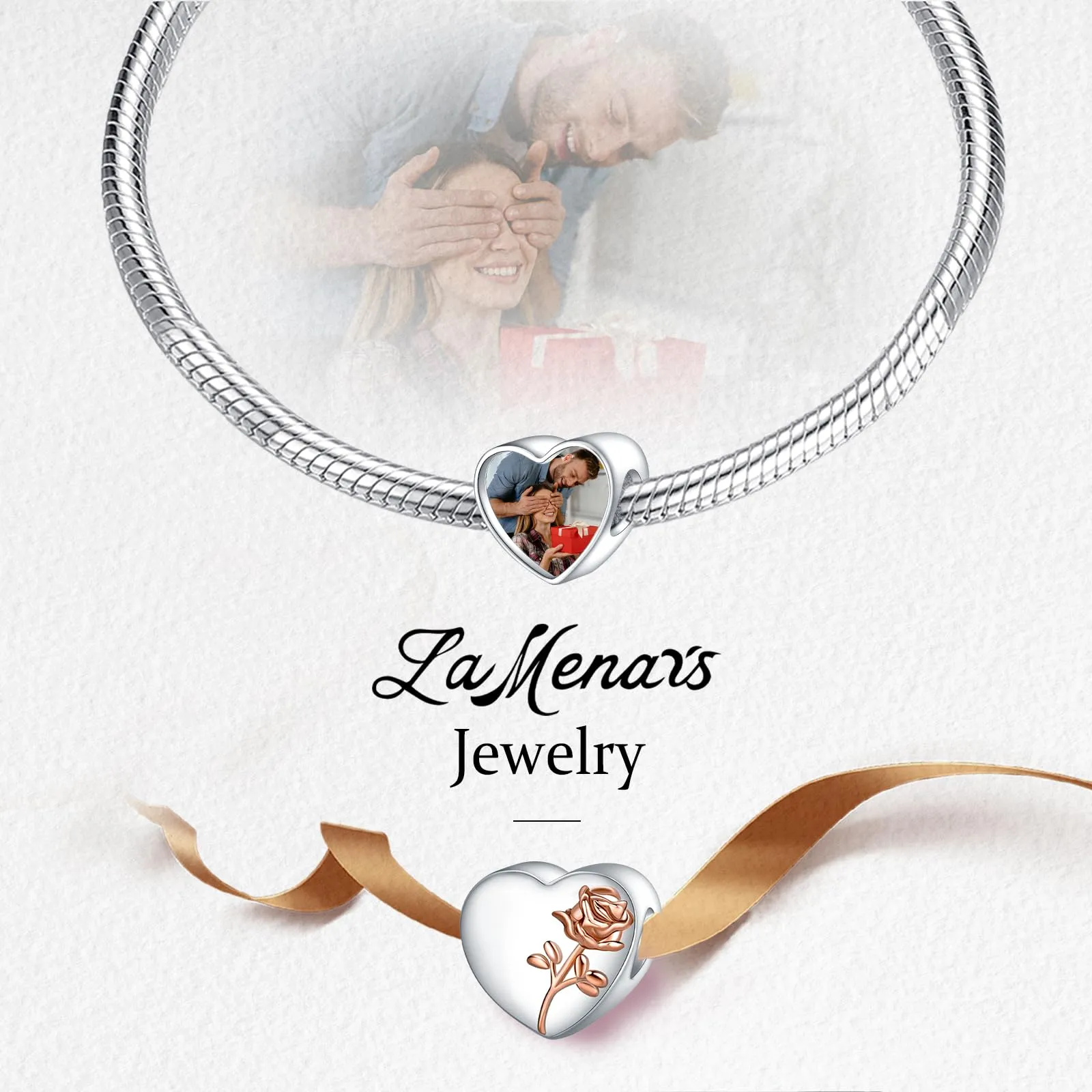 LaMenars Personalized Photo Charms Birth Flower June Rose Beads Sterling Silver Heart for Bracelets and Necklaces - immagine 4