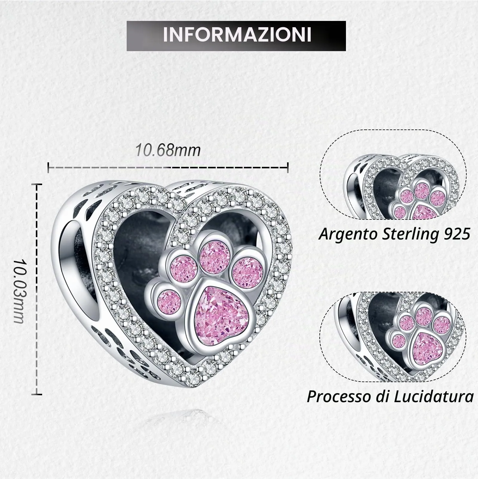 LaMenars Personalized Photo Charm Claw Print Pink Sterling Silver Beads for Bracelets and Necklaces - immagine 3