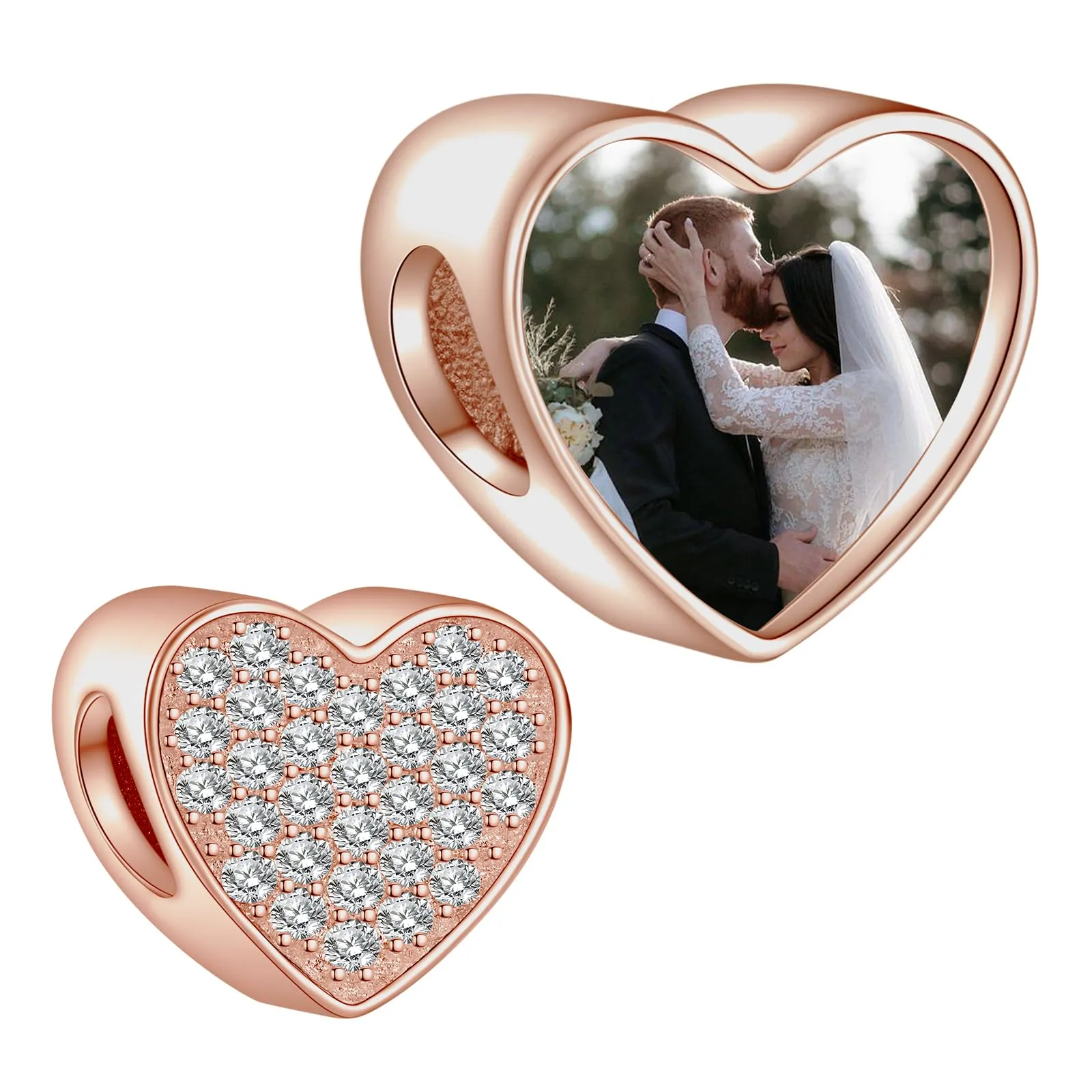 LaMenars Personalized Photo Charms Rose Gold Heart with Cubic Zirconia for Women's Bracelets and Necklaces - immagine 1