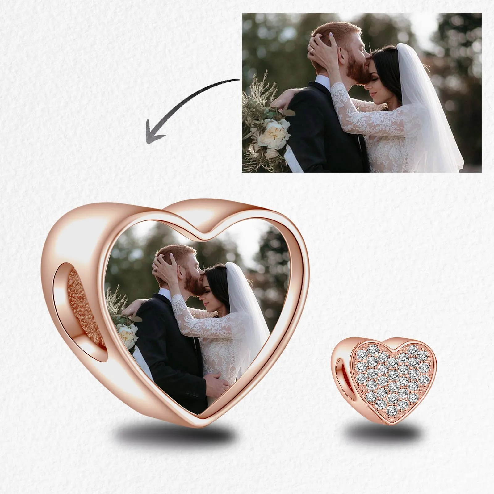 LaMenars Personalized Photo Charms Rose Gold Heart with Cubic Zirconia for Women's Bracelets and Necklaces - immagine 2