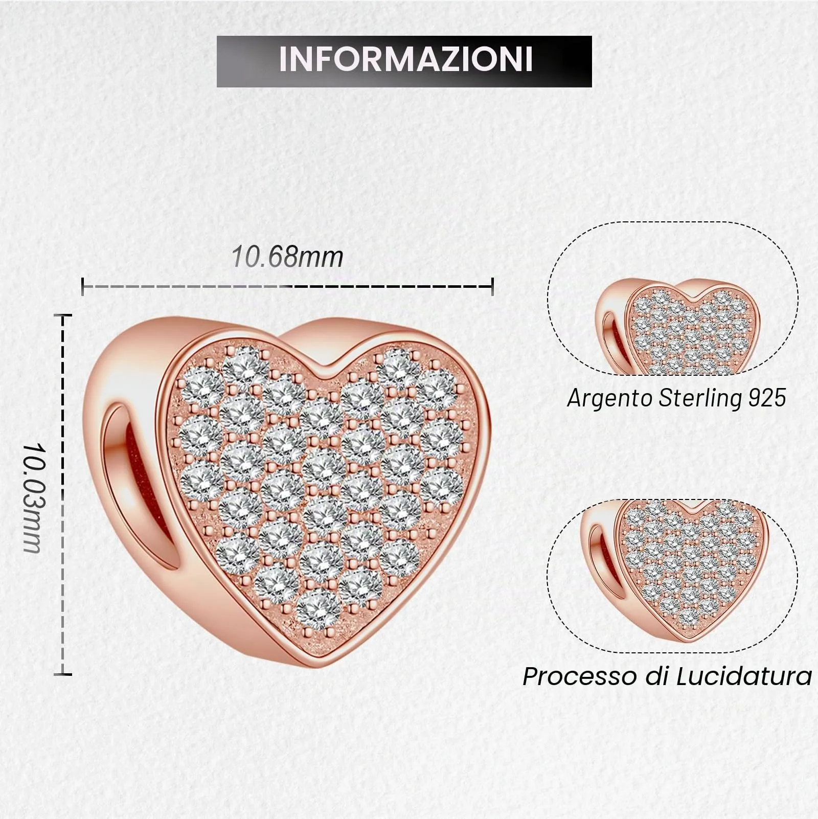 LaMenars Personalized Photo Charms Rose Gold Heart with Cubic Zirconia for Women's Bracelets and Necklaces - immagine 3