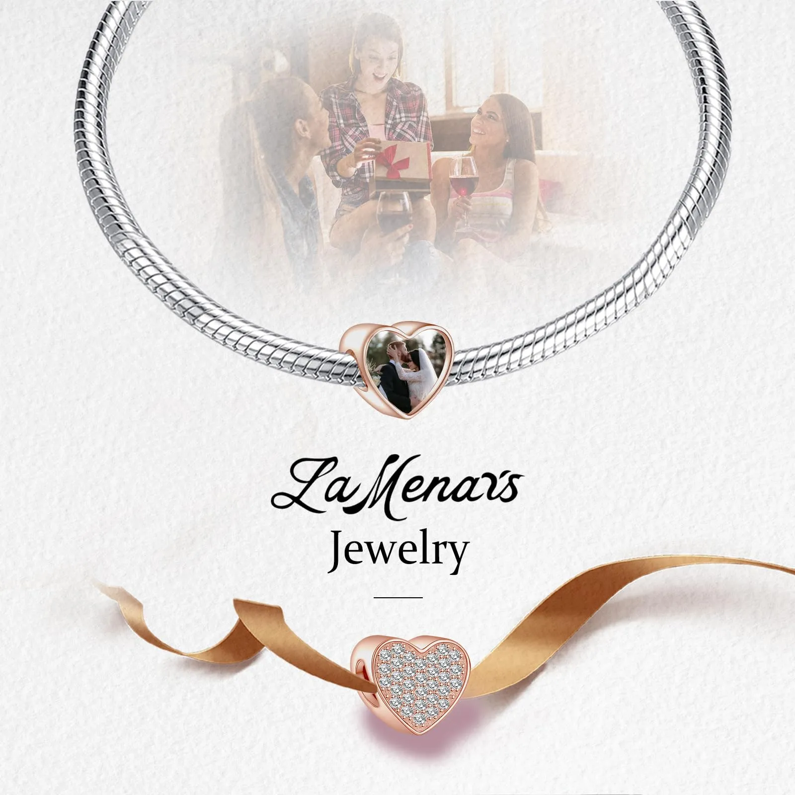 LaMenars Personalized Photo Charms Rose Gold Heart with Cubic Zirconia for Women's Bracelets and Necklaces - immagine 4