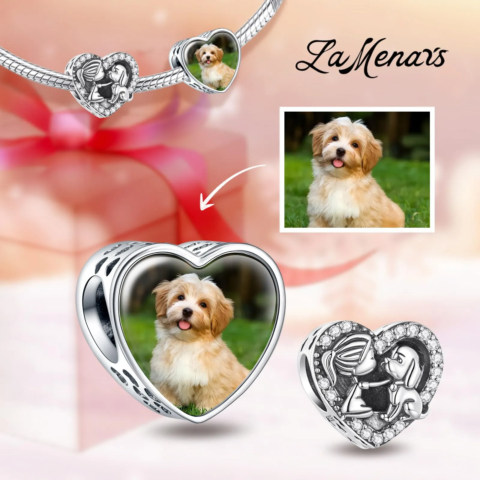 LaMenars Charm Personalizzato Foto Cuore in Argento 925 per Bracciale Perline - immagine 2