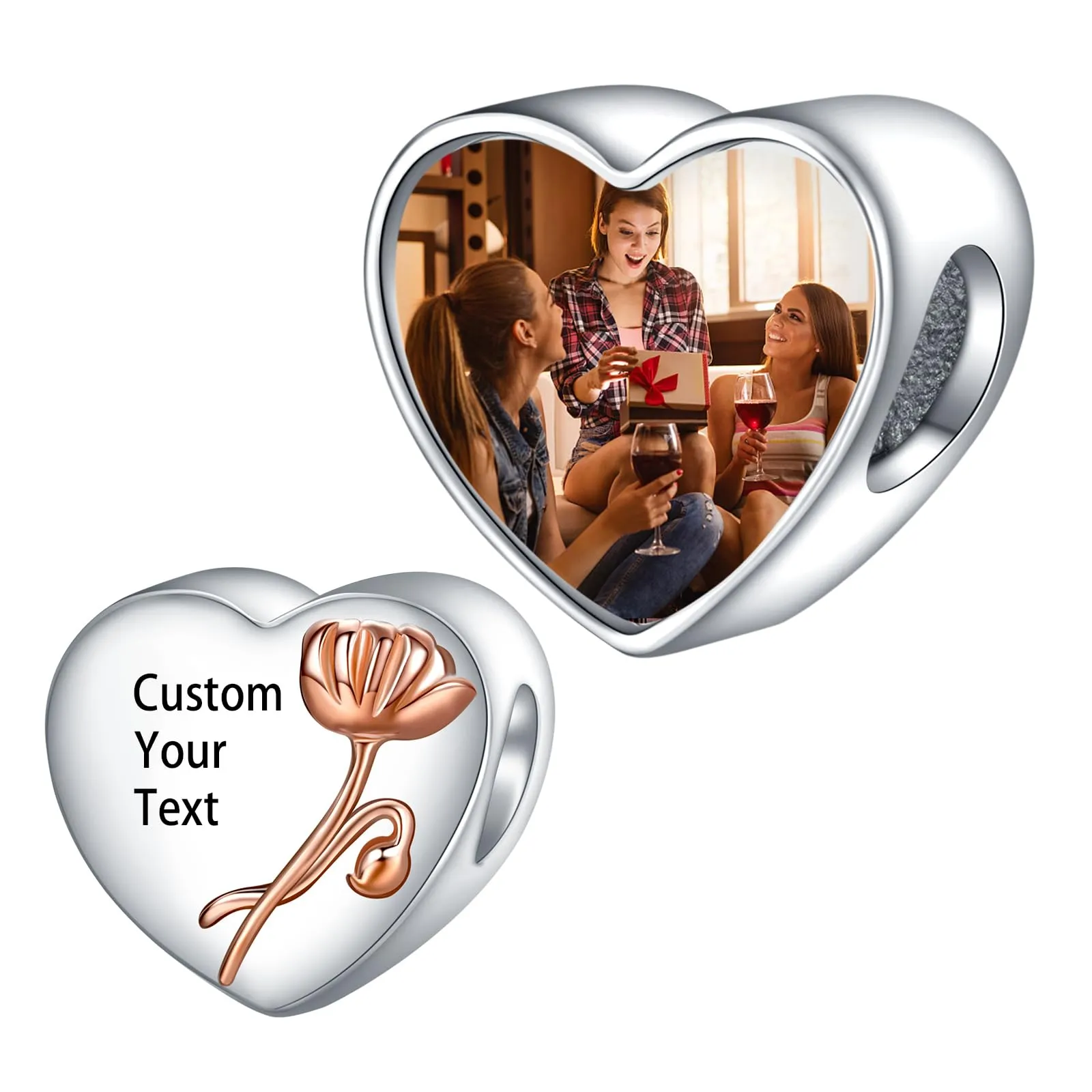 LaMenars Personalized Photo Charms Birth Flower August Poppy Sterling Silver Heart Beads for Bracelets and Necklaces - immagine 1
