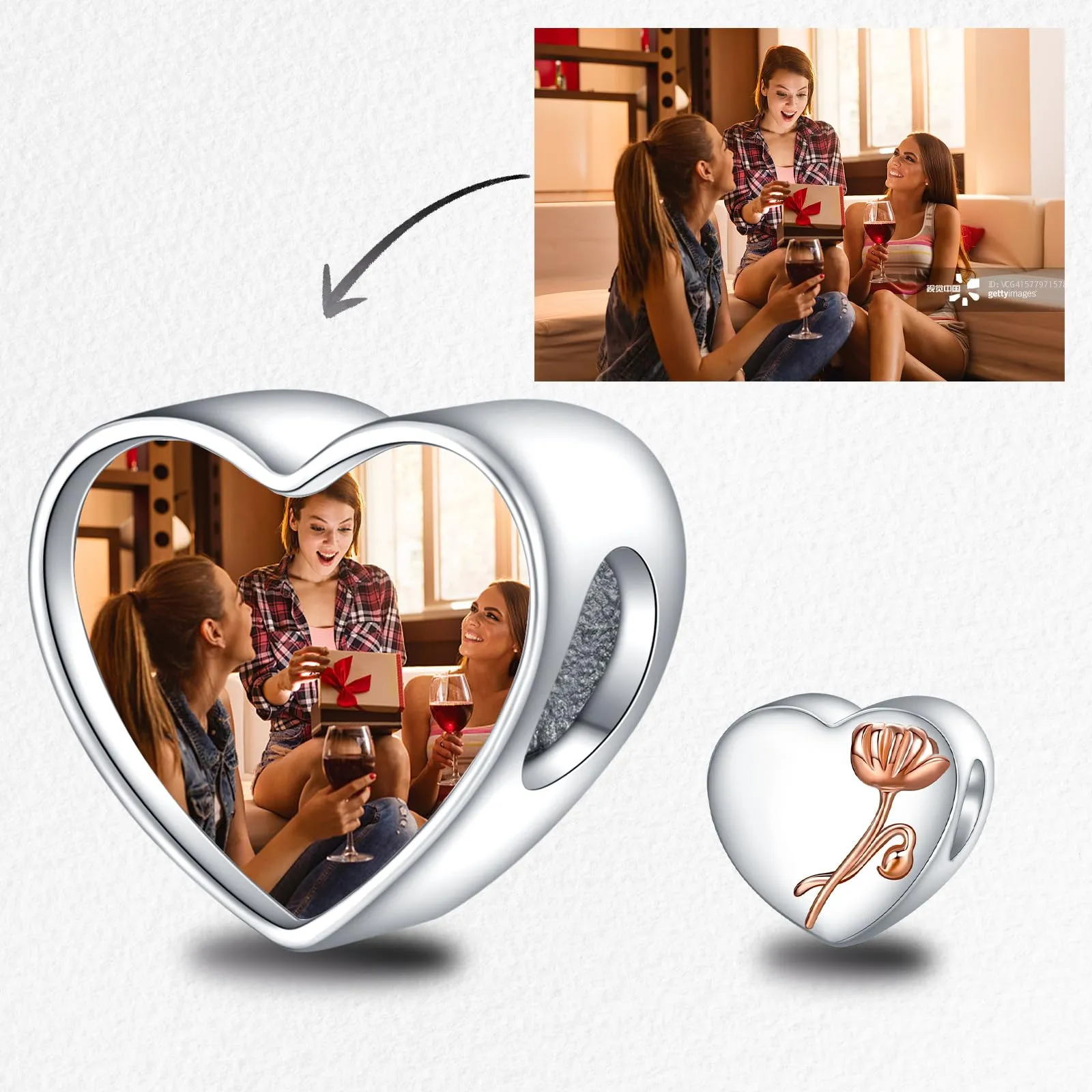 LaMenars Personalized Photo Charms Birth Flower August Poppy Sterling Silver Heart Beads for Bracelets and Necklaces - immagine 2