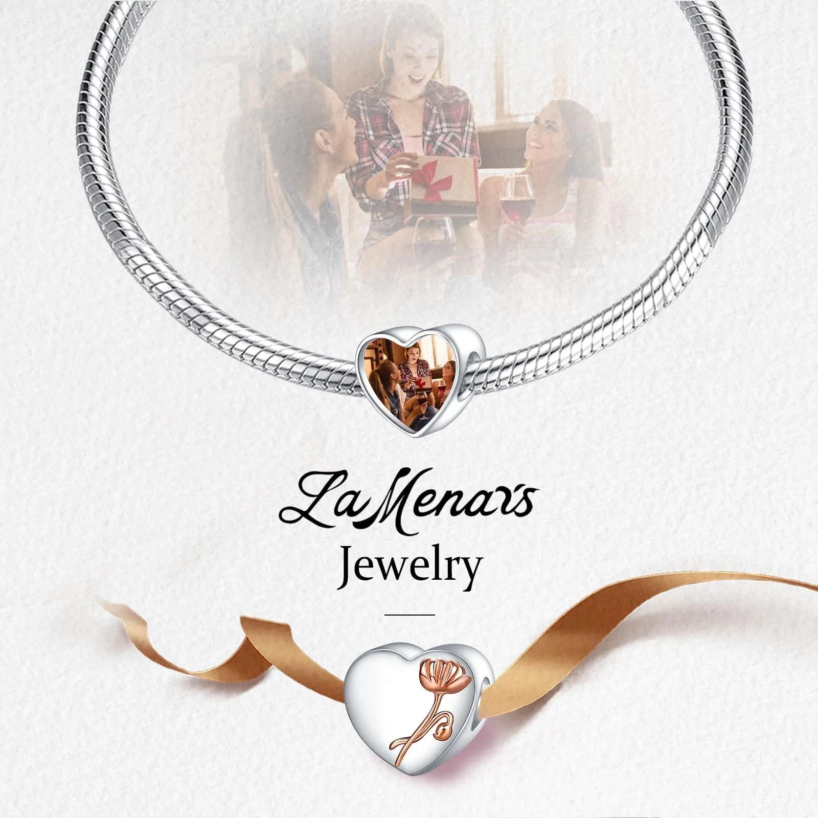 LaMenars Personalized Photo Charms Birth Flower August Poppy Sterling Silver Heart Beads for Bracelets and Necklaces - immagine 4