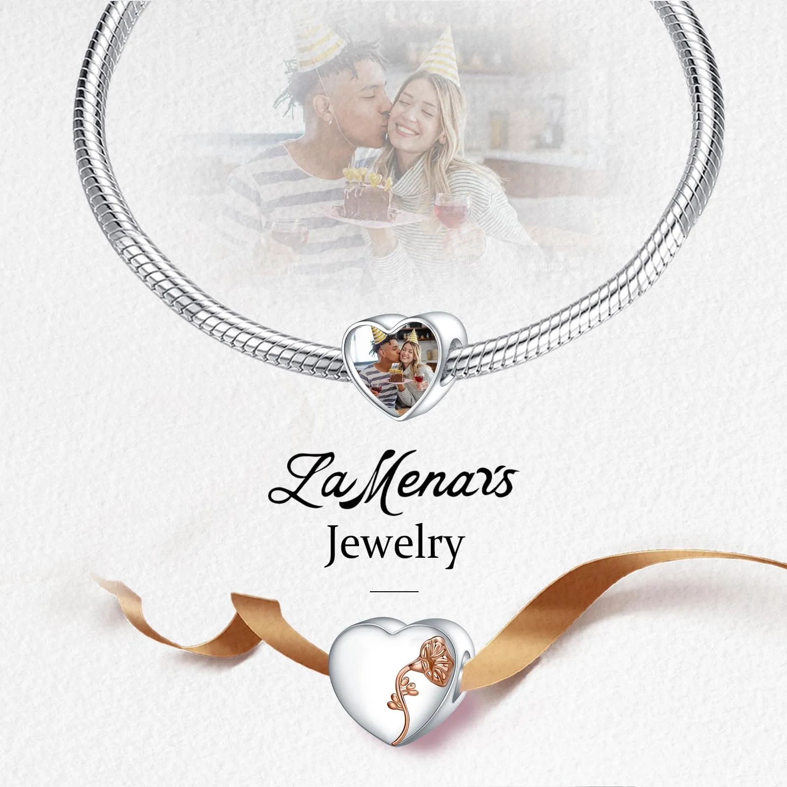 LaMenars Personalized Photo Charms Birth Flower September Pharbitis Beads Sterling Silver Heart for Bracelets and Necklaces - immagine 4