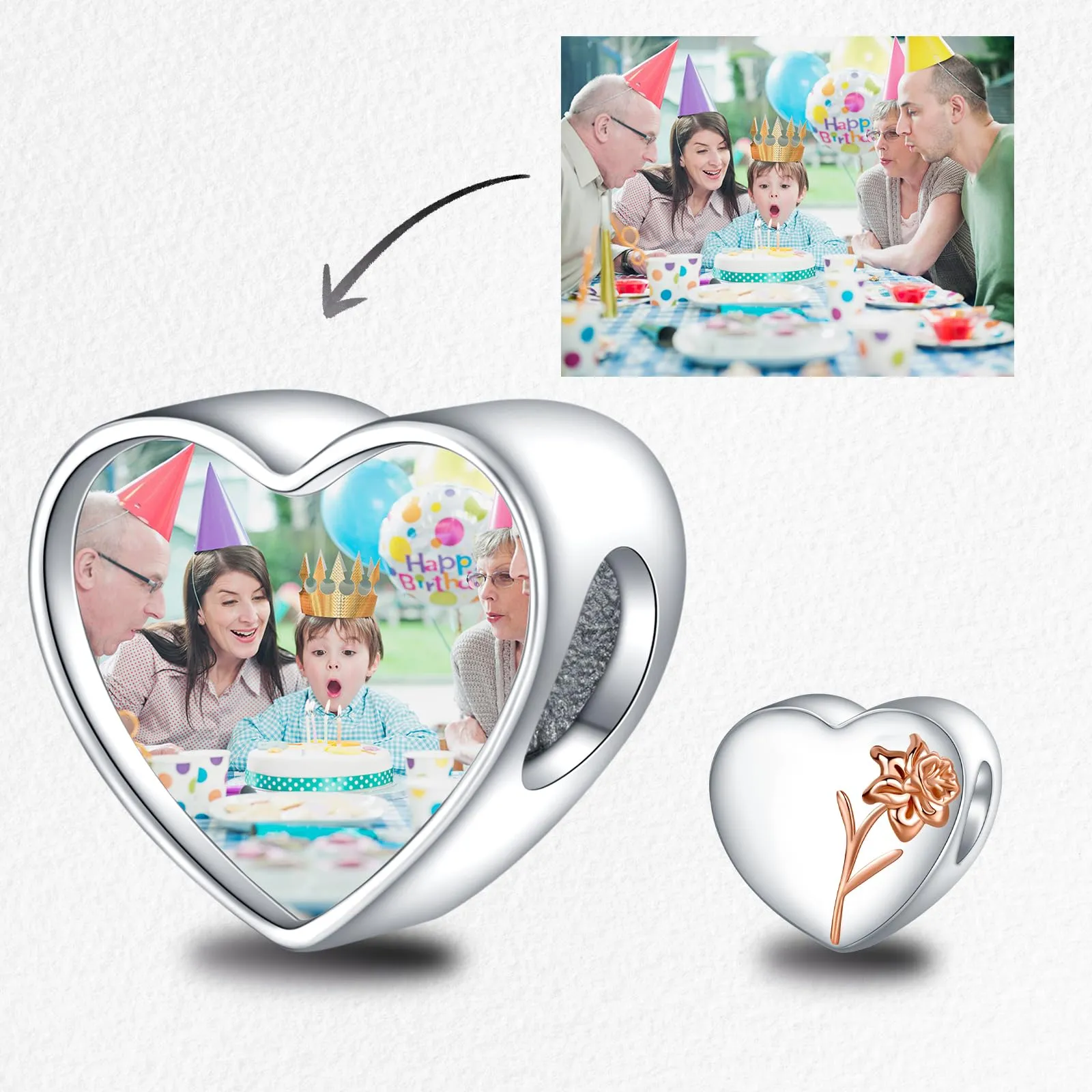 LaMenars Personalized Photo Charm March Daffodil Birth Flower Bead, 925 Sterling Silver Heart for Bracelets and Necklaces - immagine 2