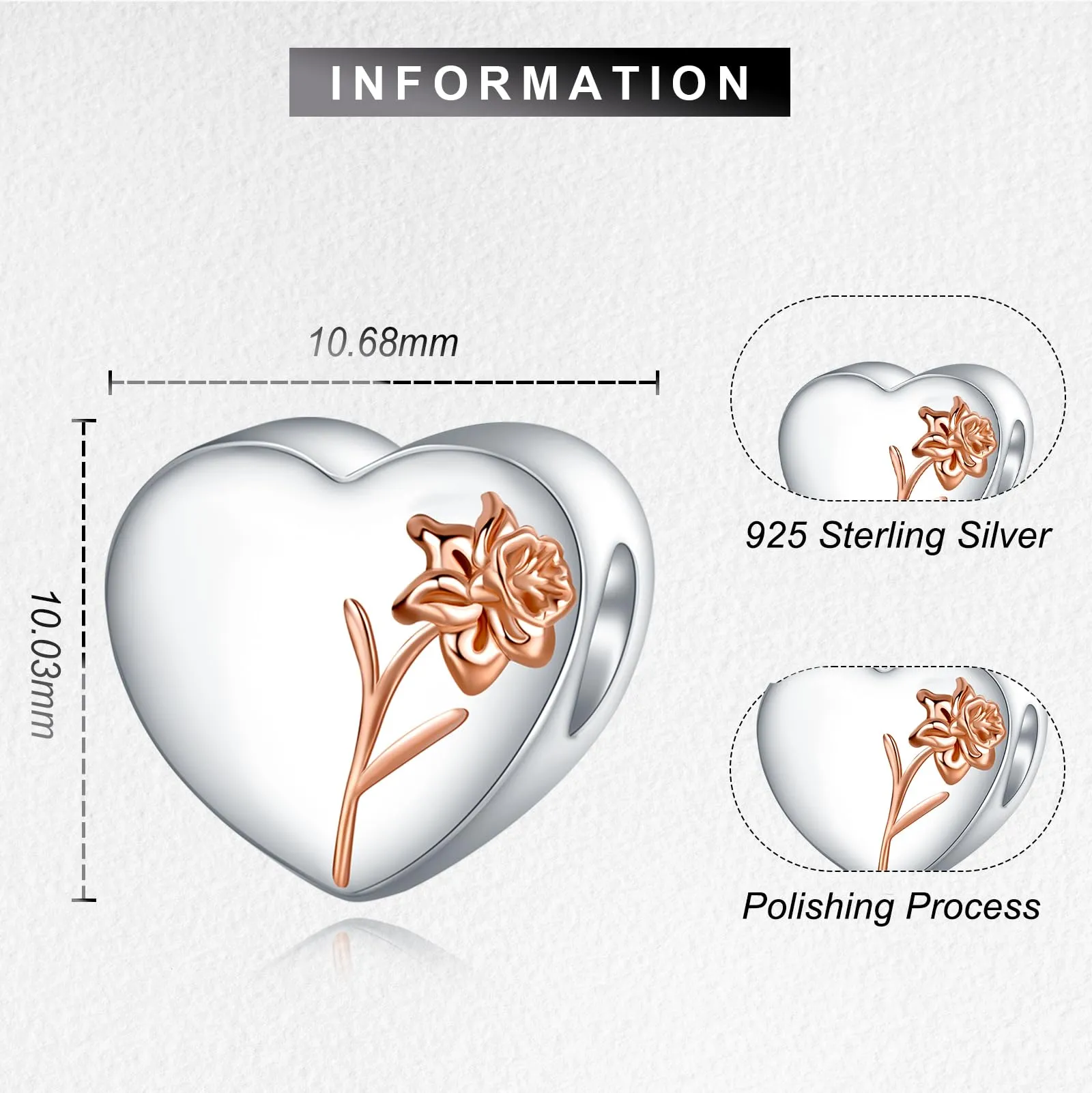 LaMenars Personalized Photo Charm March Daffodil Birth Flower Bead, 925 Sterling Silver Heart for Bracelets and Necklaces - immagine 3
