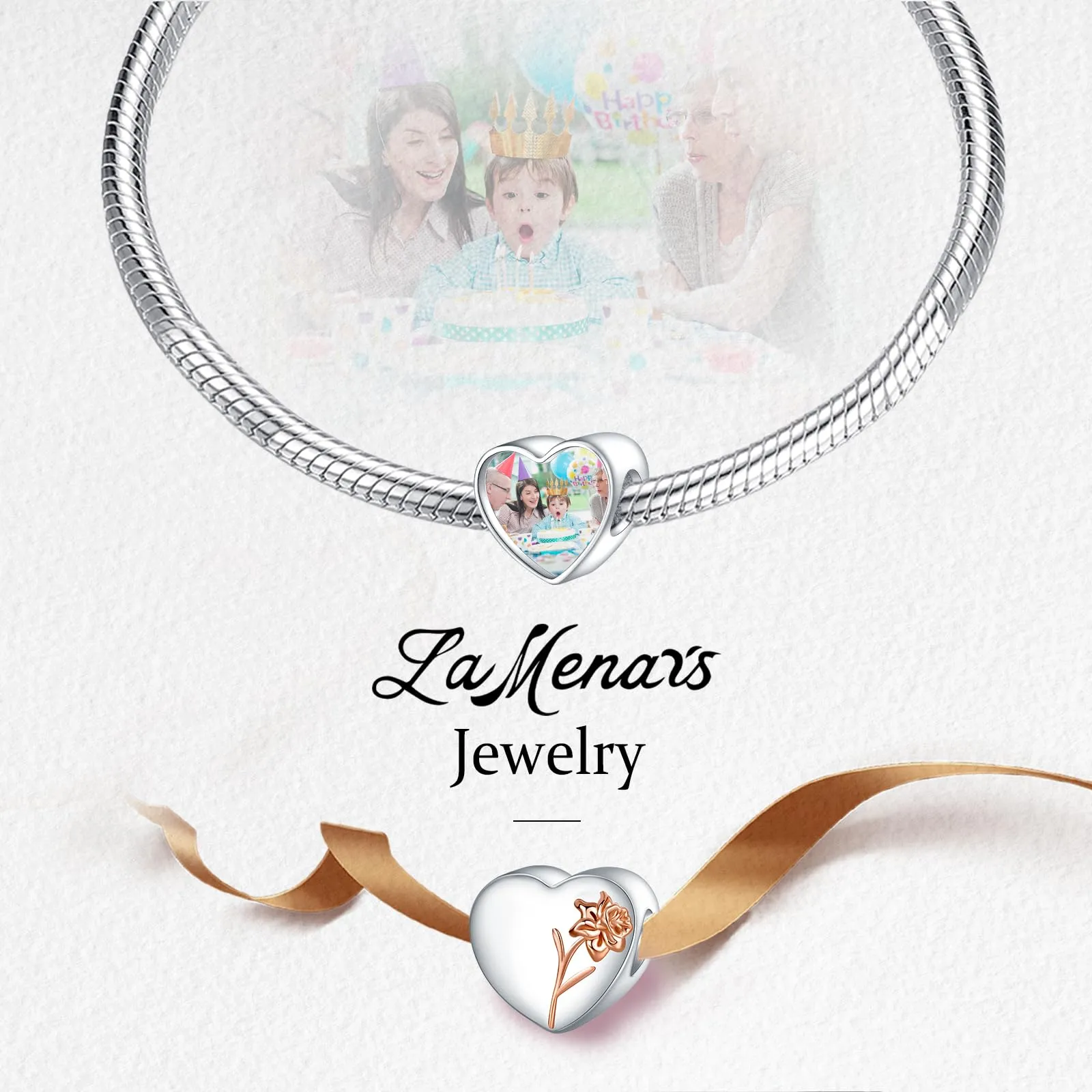 LaMenars Personalized Photo Charm March Daffodil Birth Flower Bead, 925 Sterling Silver Heart for Bracelets and Necklaces - immagine 4
