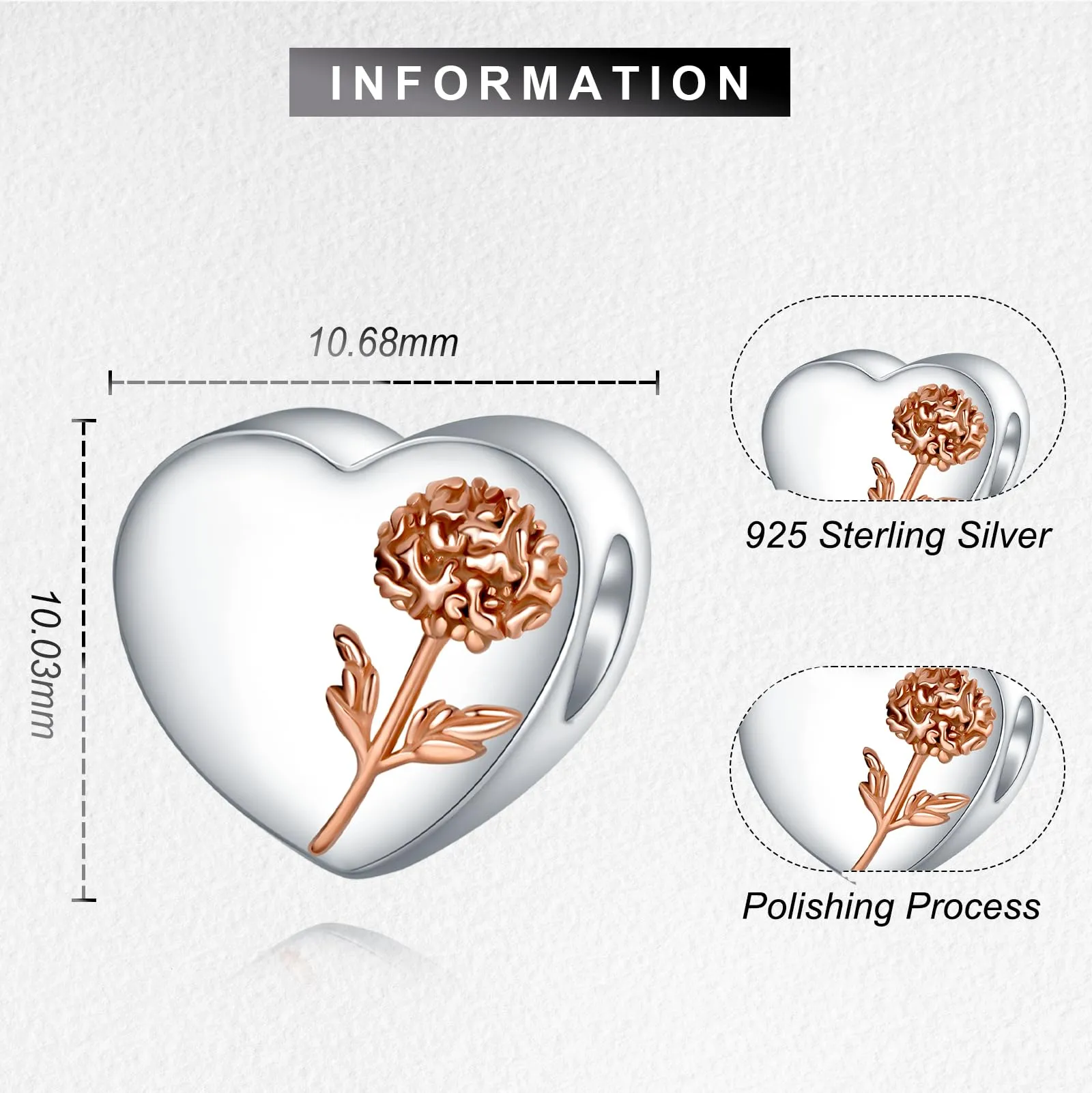 LaMenars Personalized Photo Charm, November Birth Flower Chrysanthemum, Sterling Silver Heart for Bracelets and Necklaces - immagine 3