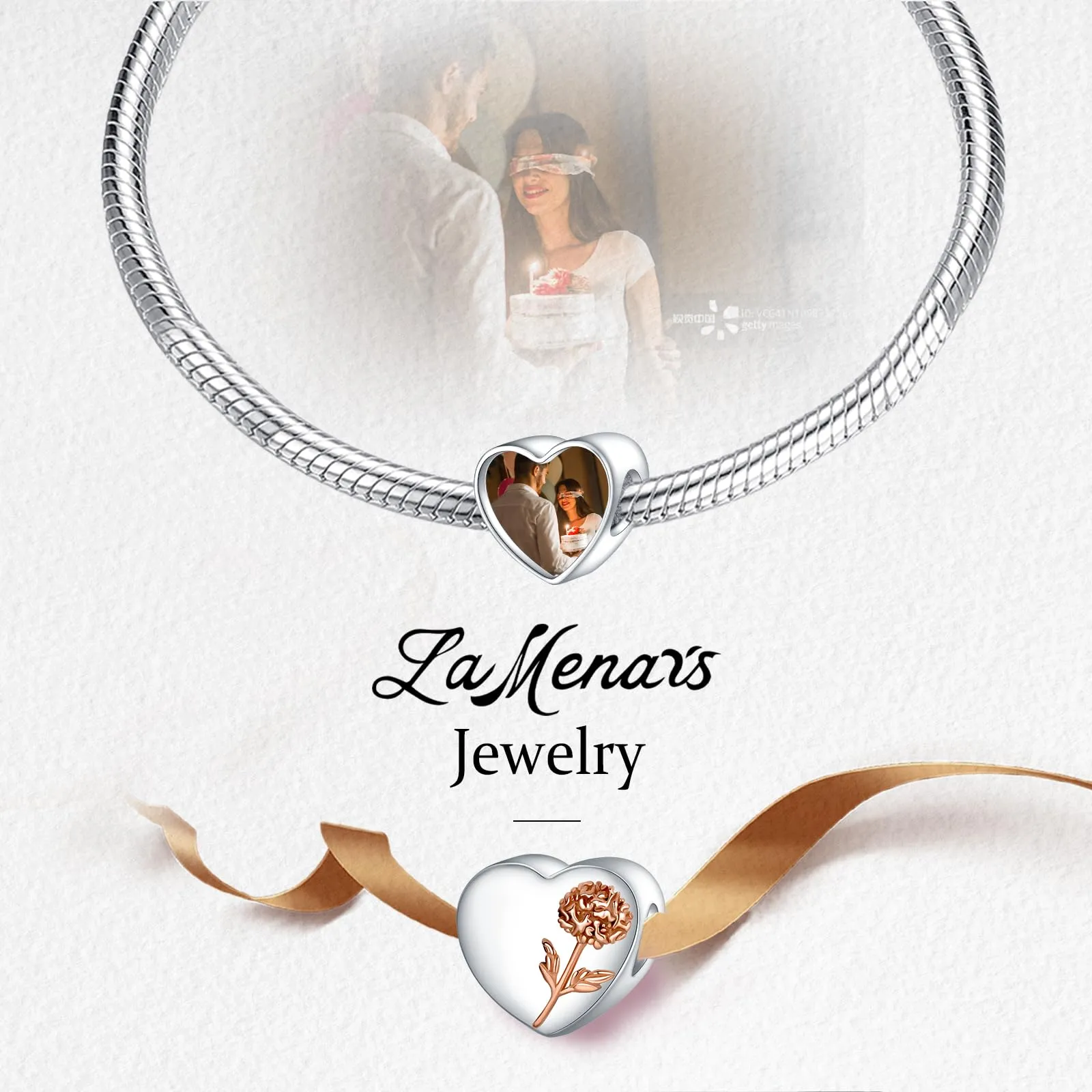 LaMenars Personalized Photo Charm, November Birth Flower Chrysanthemum, Sterling Silver Heart for Bracelets and Necklaces - immagine 4
