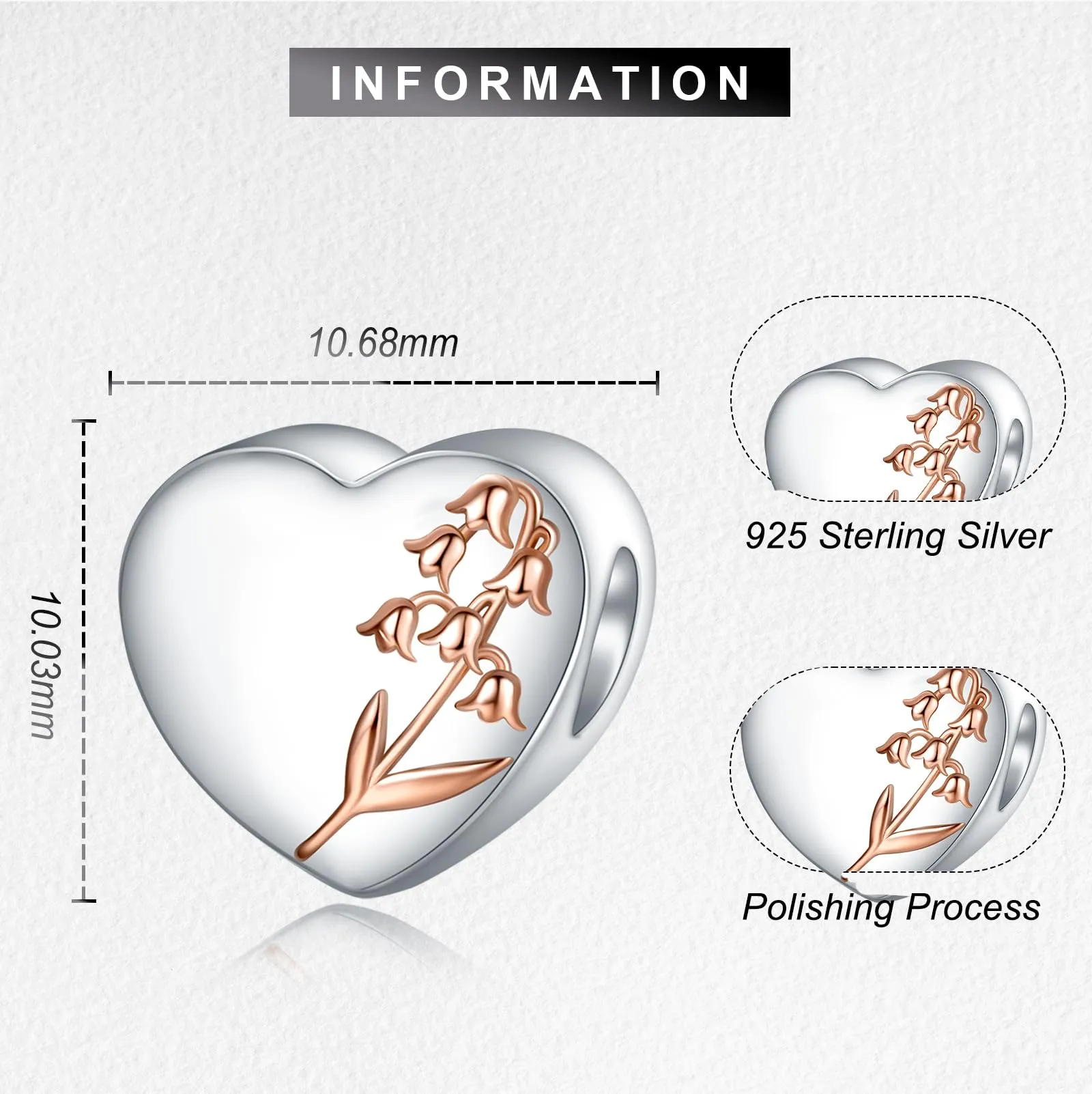 LaMenars Personalized Photo Charms Birth Flower May Keiskei Beads Sterling Silver Heart for Bracelets and Necklaces for Women - immagine 3