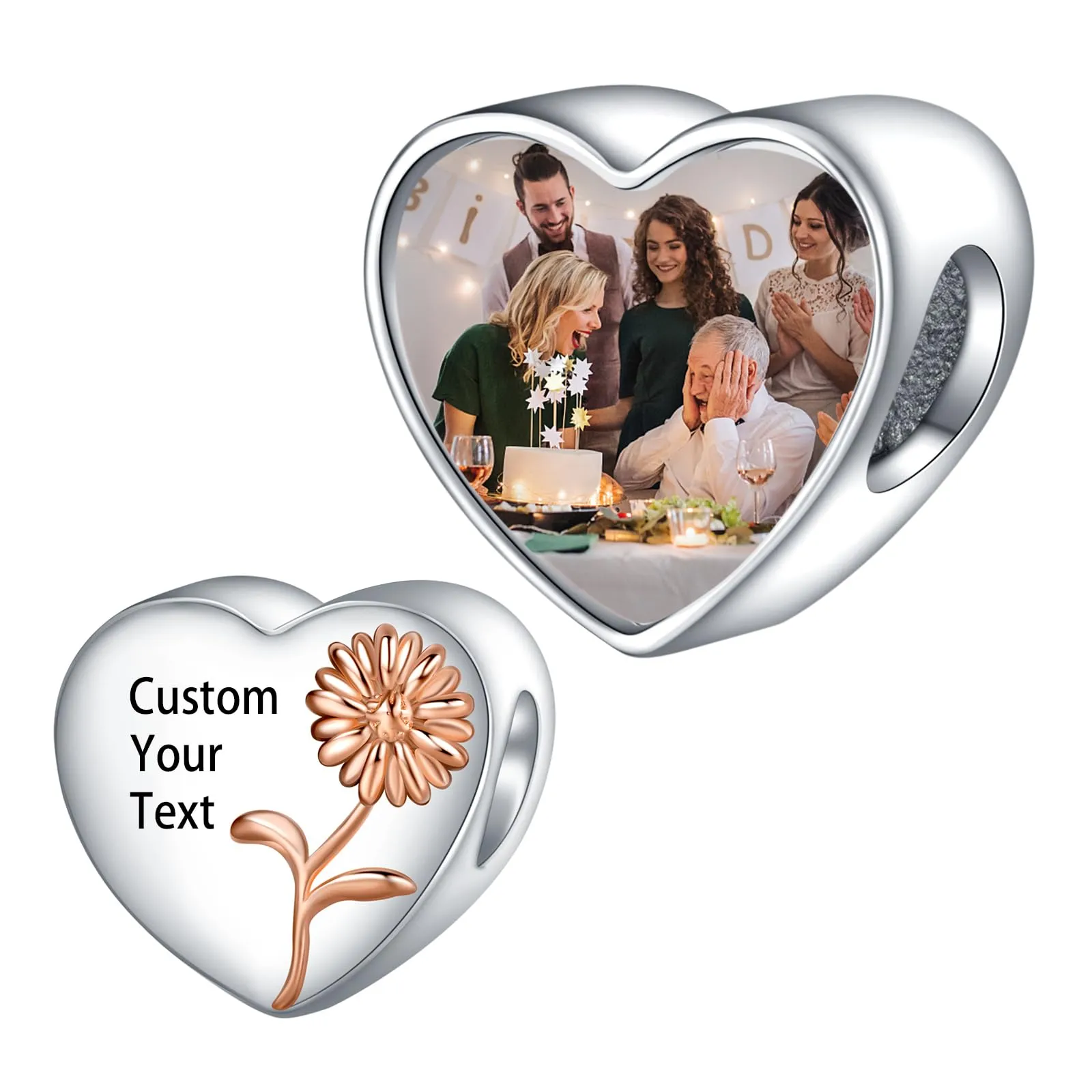 LaMenars Personalized Photo Charms Birth Flower April Daisy Sterling Silver Heart Beads for Bracelets and Necklaces - immagine 1