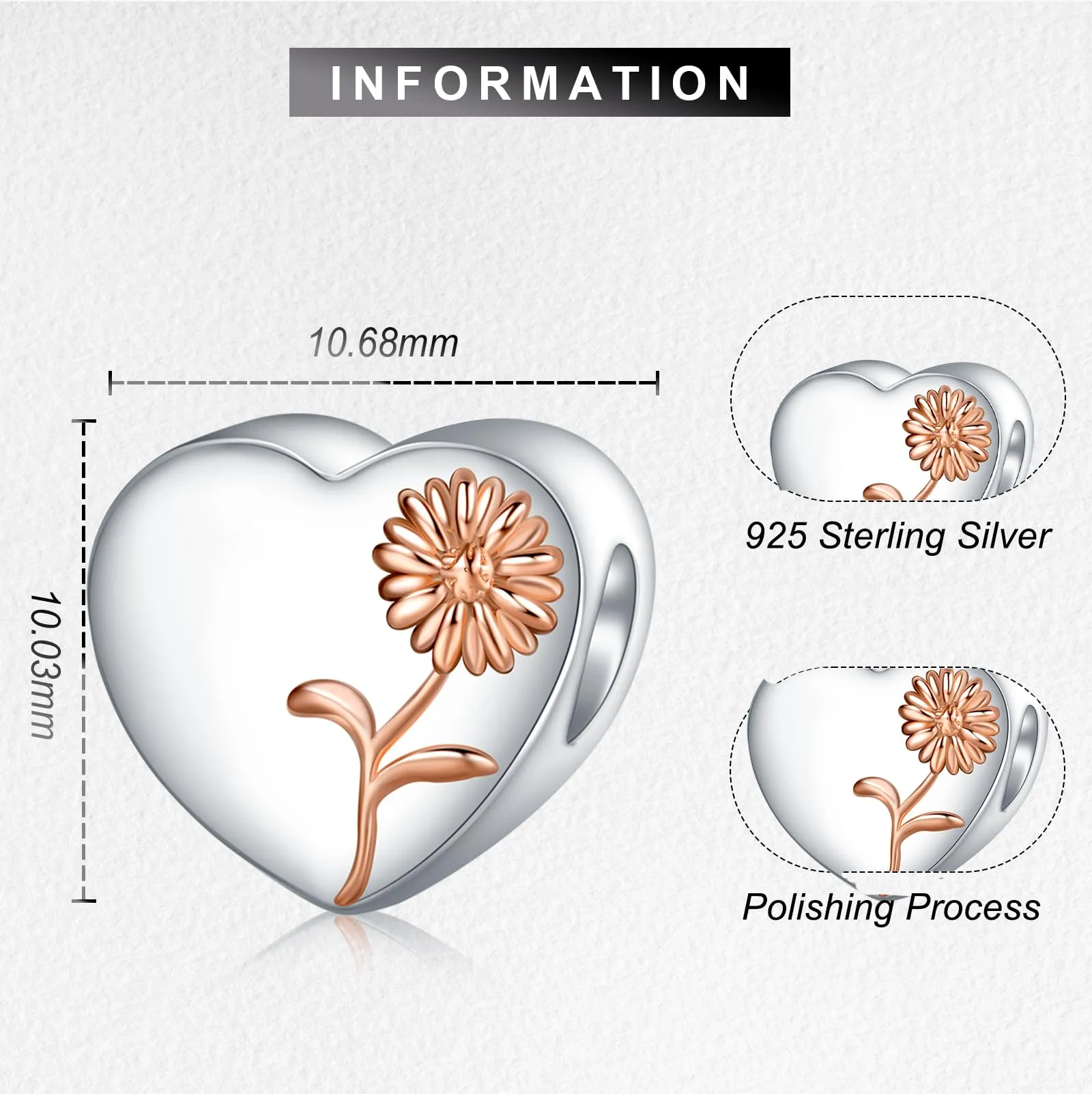 LaMenars Personalized Photo Charms Birth Flower April Daisy Sterling Silver Heart Beads for Bracelets and Necklaces - immagine 3