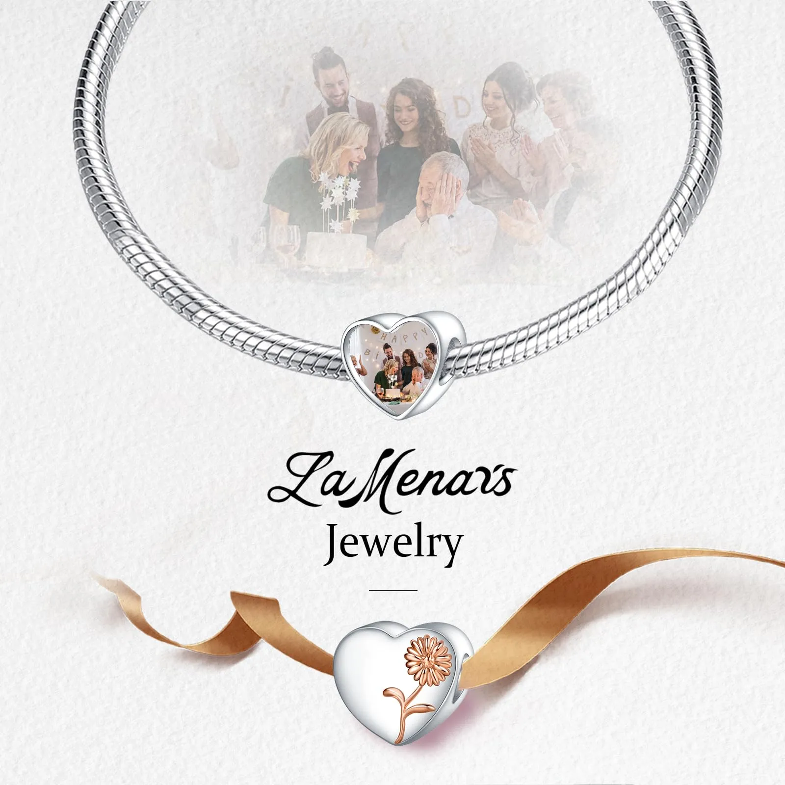LaMenars Personalized Photo Charms Birth Flower April Daisy Sterling Silver Heart Beads for Bracelets and Necklaces - immagine 4