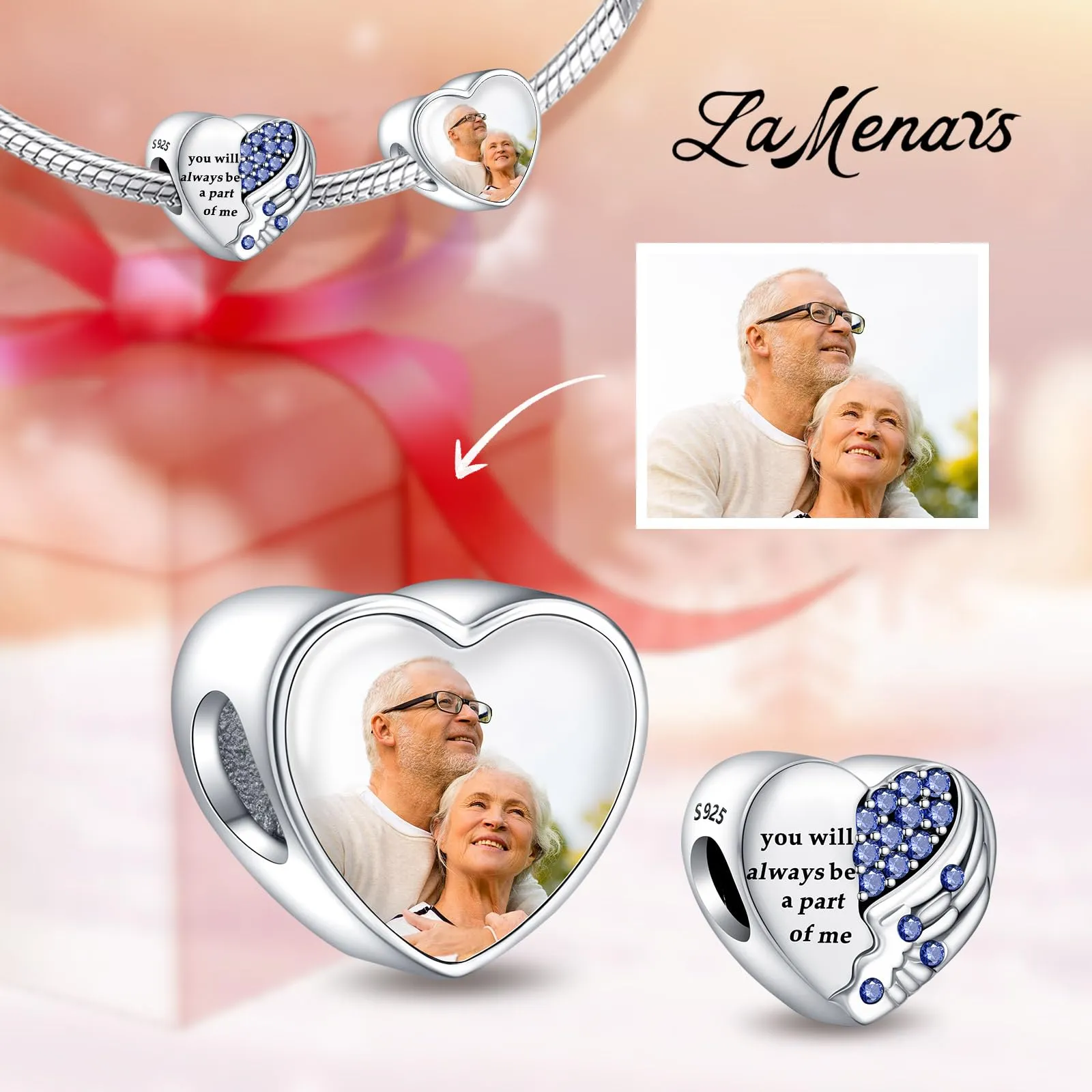 LaMenars Personalizzato Foto Charms 925 Sterling Silver per Bracciali e Collane Viola Amore - immagine 2