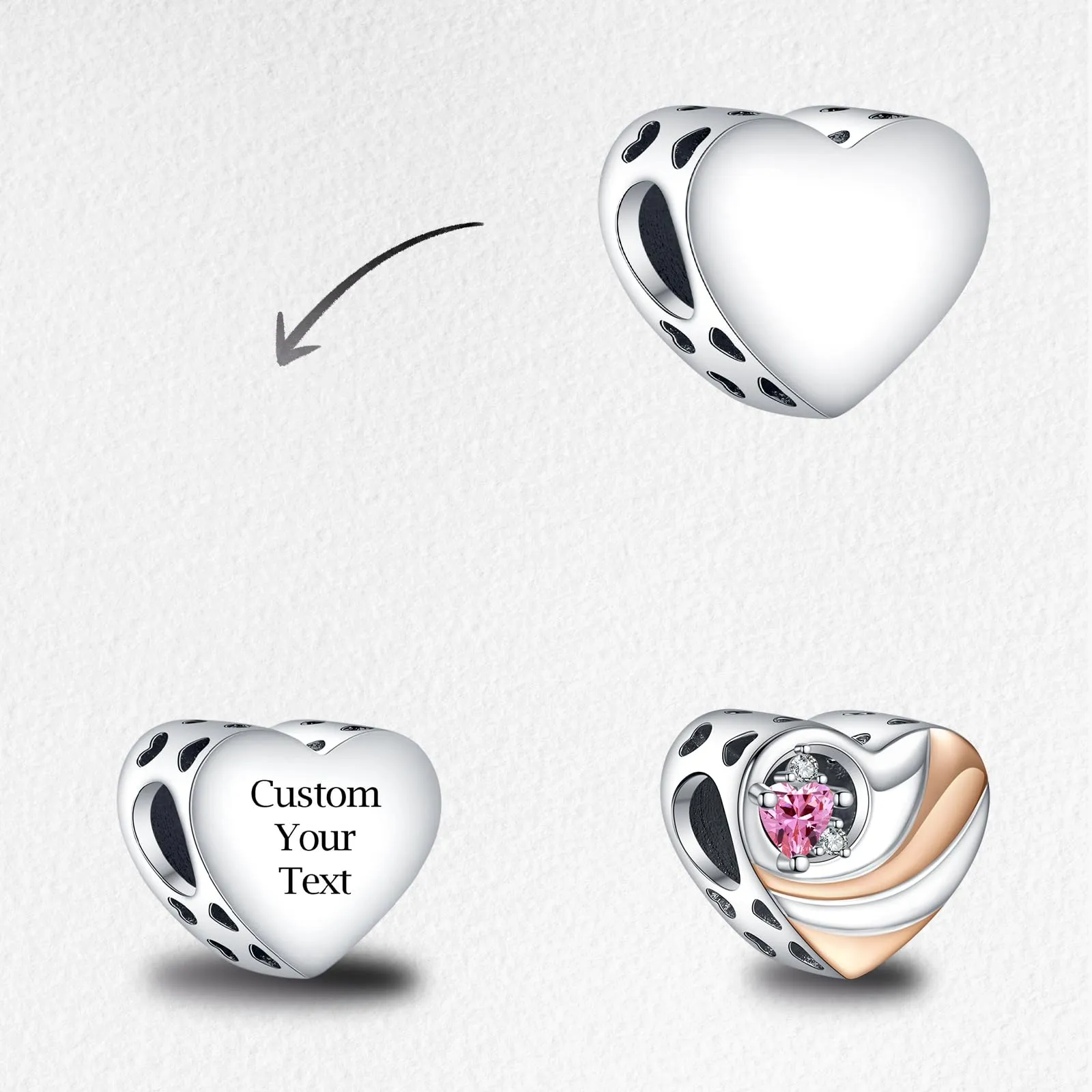 LaMenars Heart Personalizzato Inciso Zircon Rosa Charms 925 Sterling Silver per Braccialetti e Collane - immagine 2