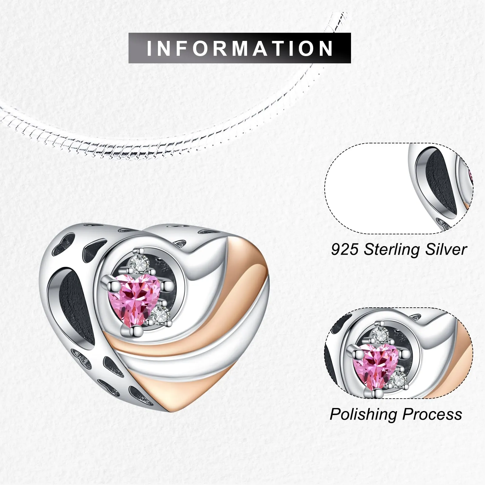 LaMenars Heart Personalizzato Inciso Zircon Rosa Charms 925 Sterling Silver per Braccialetti e Collane - immagine 3