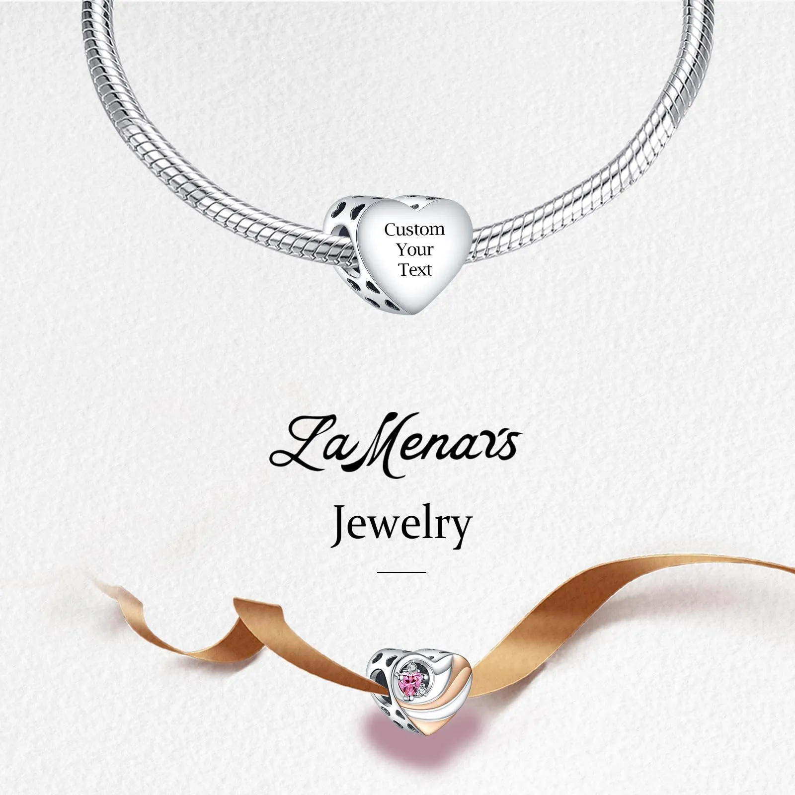 LaMenars Heart Personalizzato Inciso Zircon Rosa Charms 925 Sterling Silver per Braccialetti e Collane - immagine 4