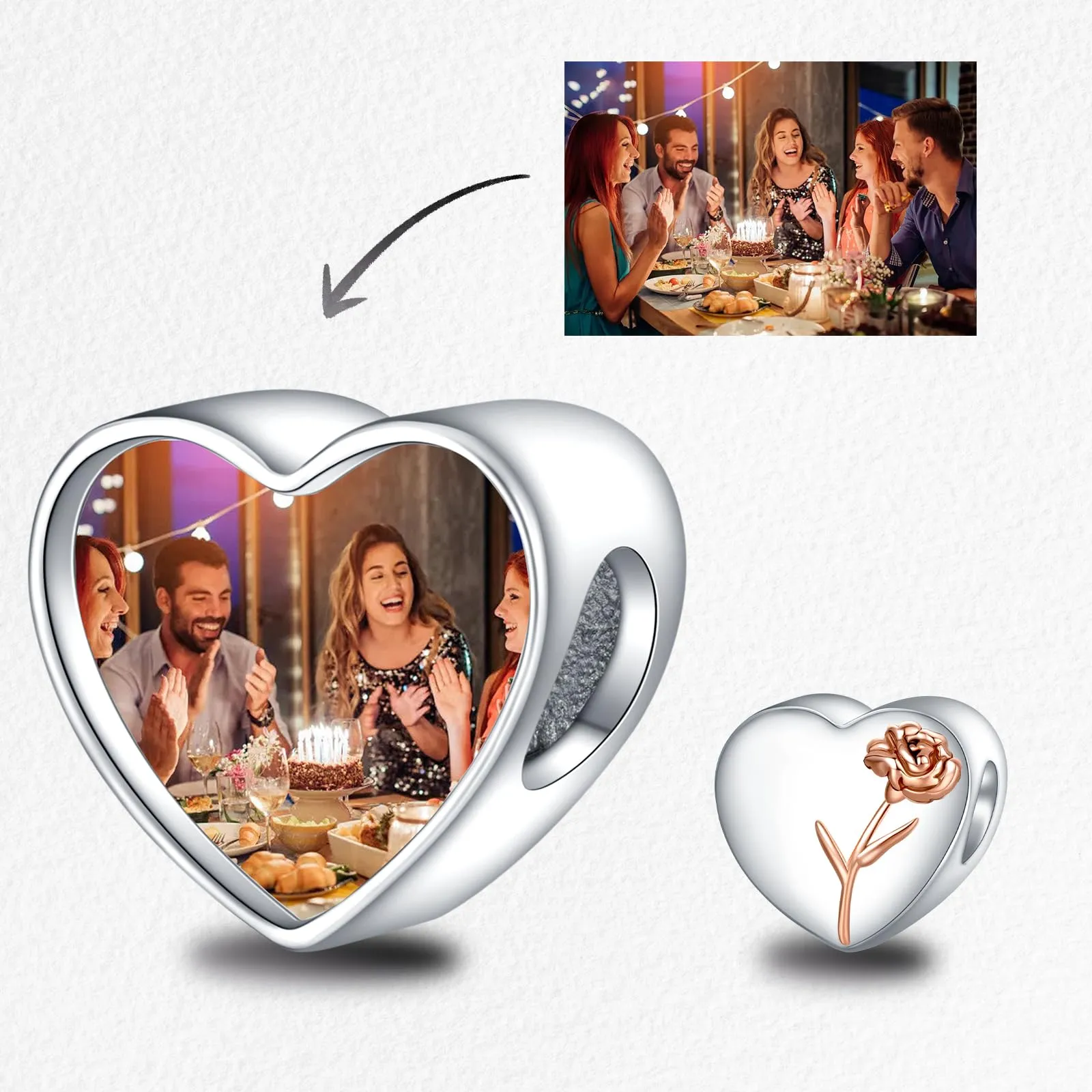 LaMenars Personalized Photo Charm Birth Flower January Snowdrop Sterling Silver Heart Bead for Bracelets and Necklaces - immagine 2