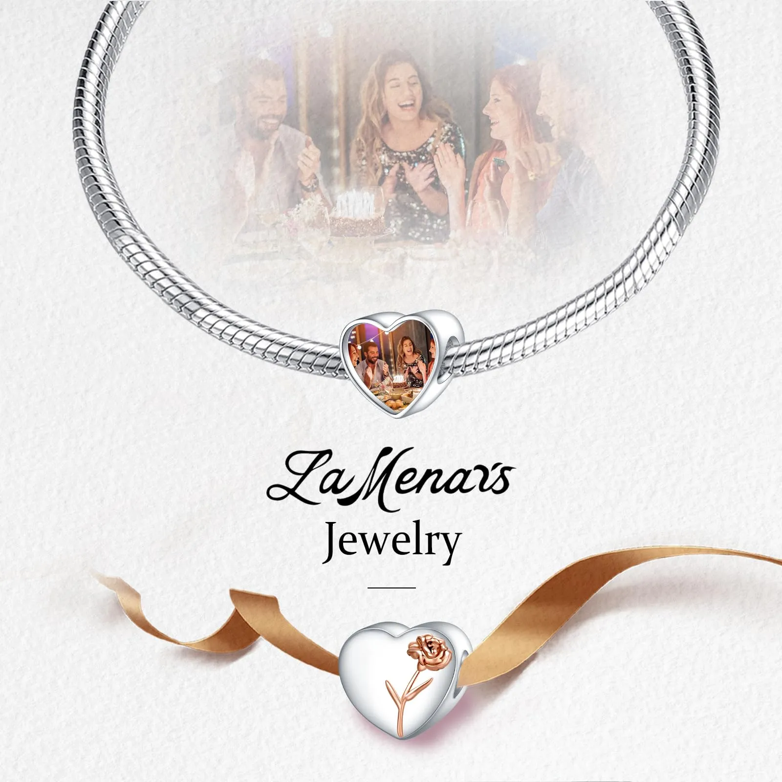 LaMenars Personalized Photo Charm Birth Flower January Snowdrop Sterling Silver Heart Bead for Bracelets and Necklaces - immagine 4
