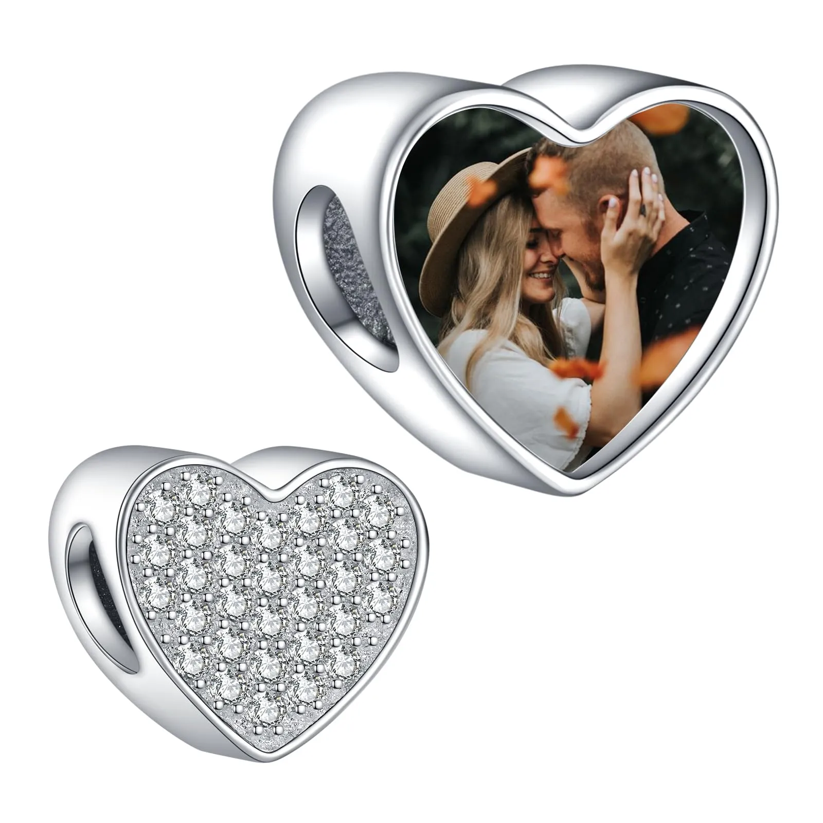 LaMenars Personalized Photo Charm Cuore Sterling Silver Beads with Cubic Zirconia for Women's Bracelet and Necklace - immagine 1