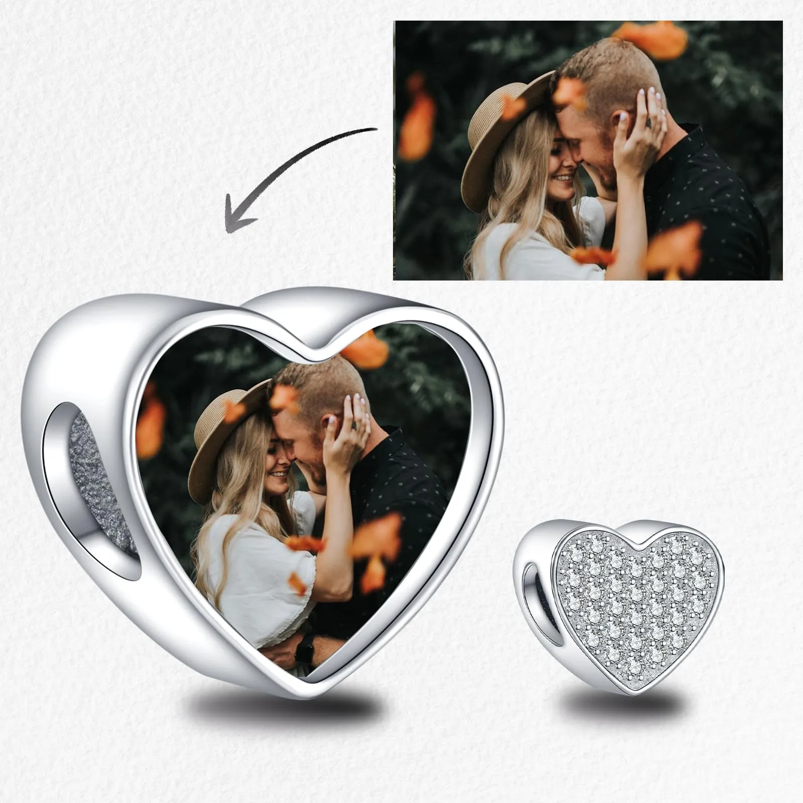 LaMenars Personalized Photo Charm Cuore Sterling Silver Beads with Cubic Zirconia for Women's Bracelet and Necklace - immagine 2