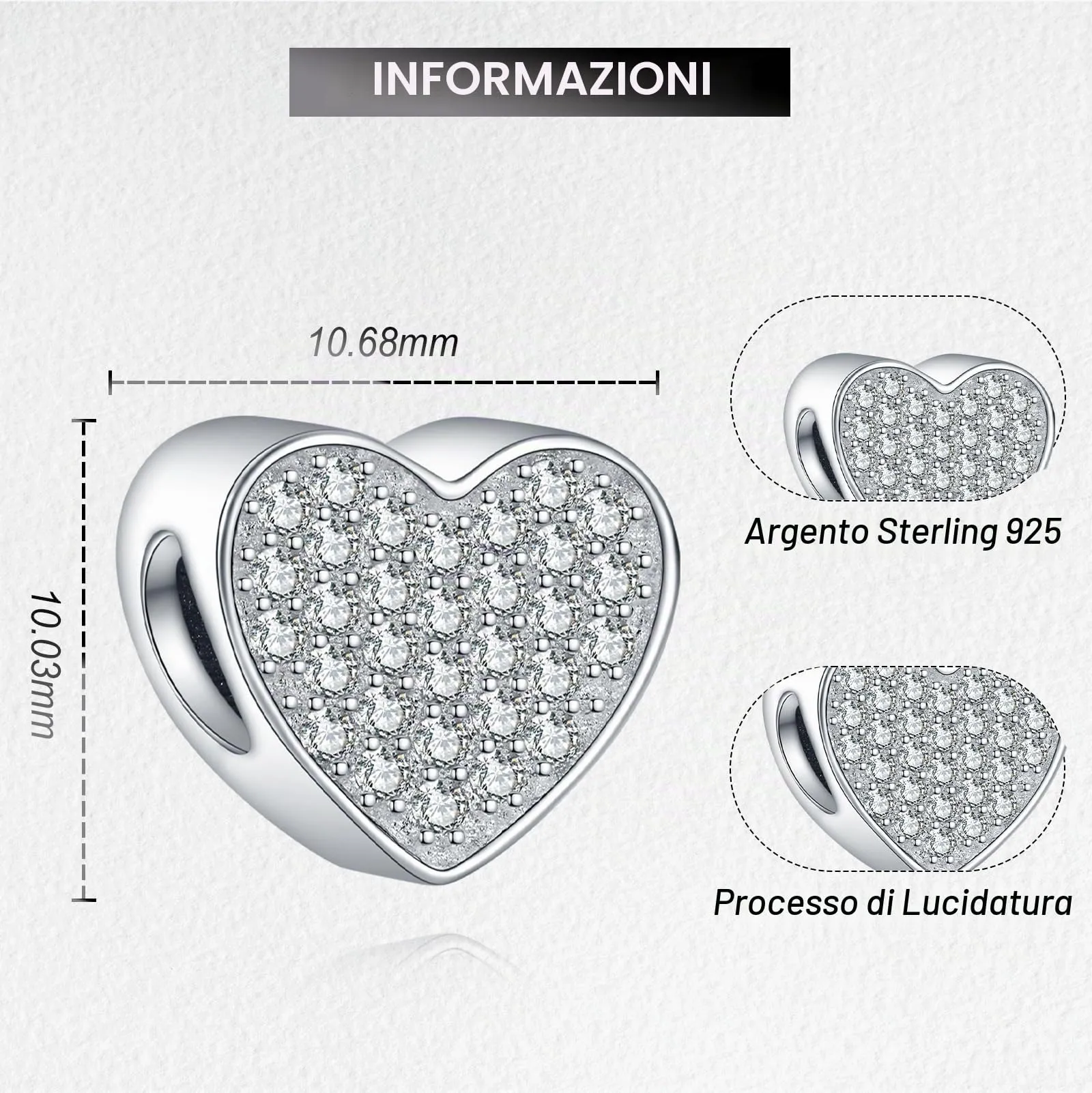 LaMenars Personalized Photo Charm Cuore Sterling Silver Beads with Cubic Zirconia for Women's Bracelet and Necklace - immagine 3