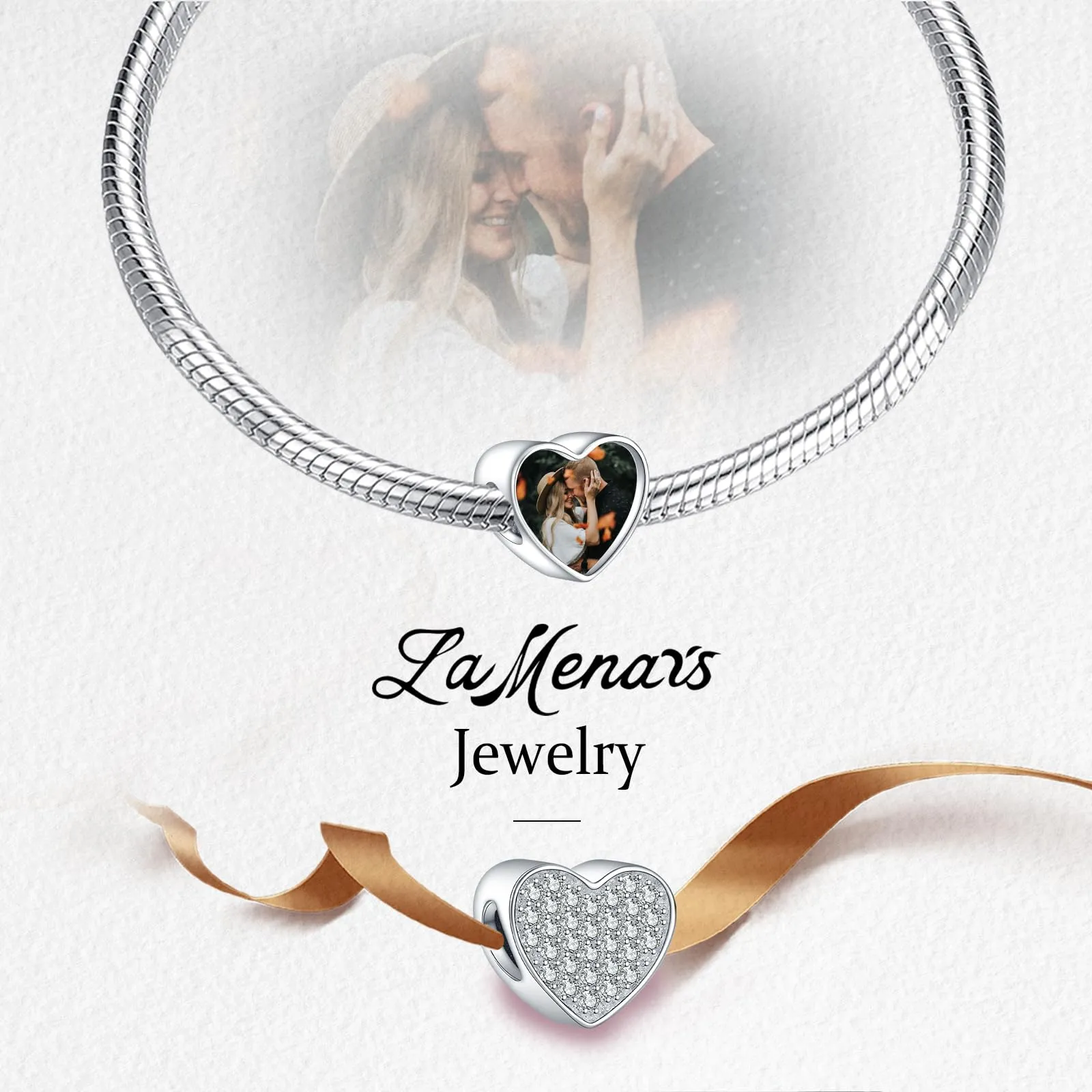 LaMenars Personalized Photo Charm Cuore Sterling Silver Beads with Cubic Zirconia for Women's Bracelet and Necklace - immagine 4