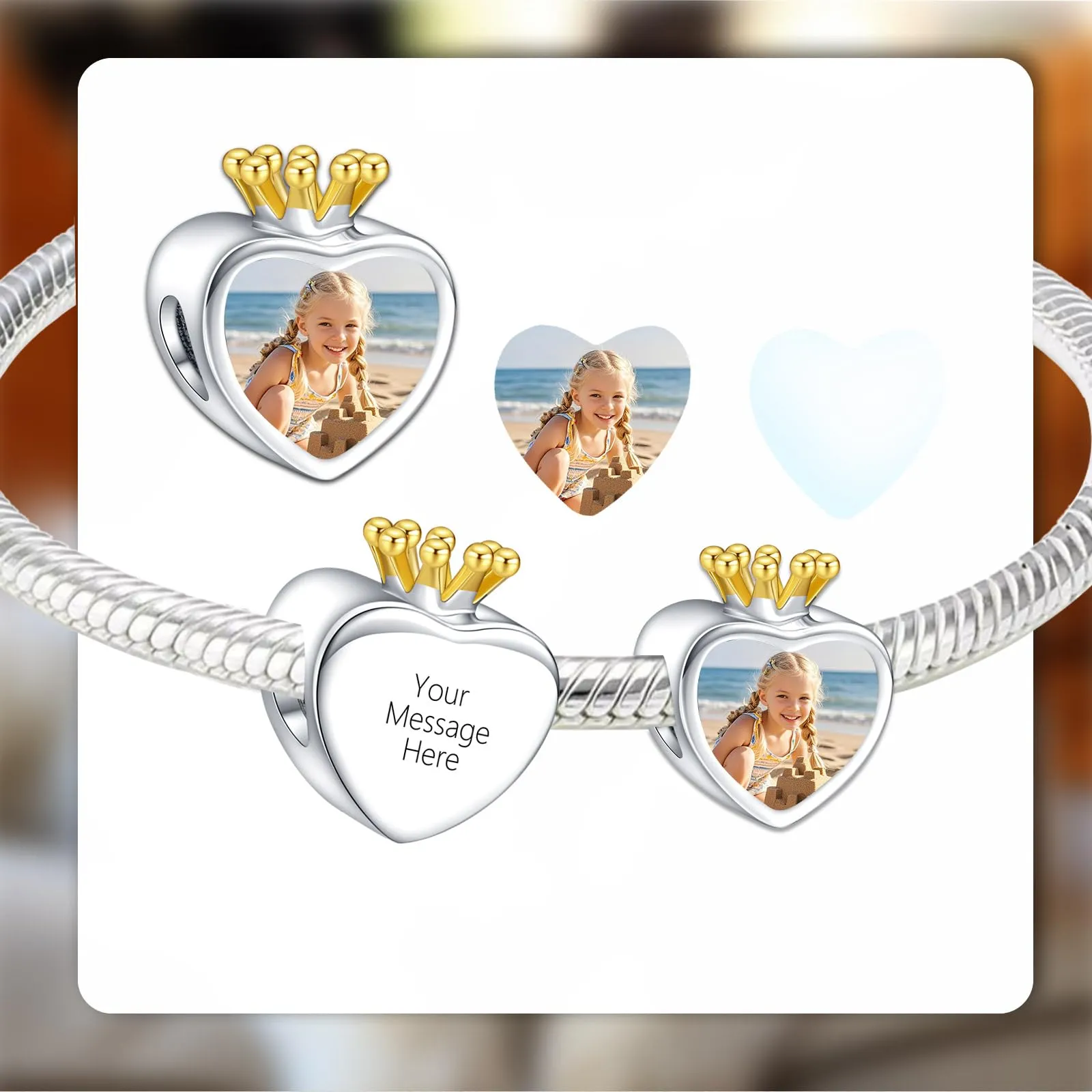 LaMenars 925 Argento Sterling Perline Charm Personalizzate Cuore Corona per Bracciale e Collana - immagine 2