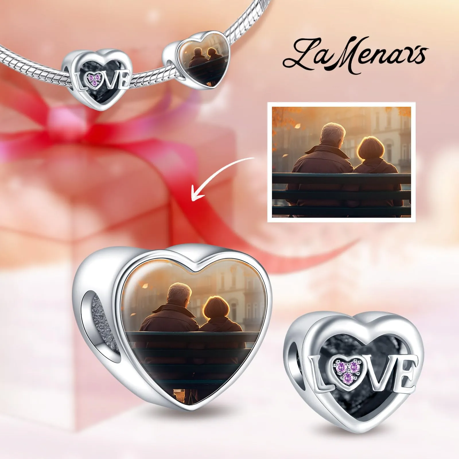 LaMenars 925 Sterling Silver Personalized Photo Heart Charm for Bracelets and Necklaces - immagine 2