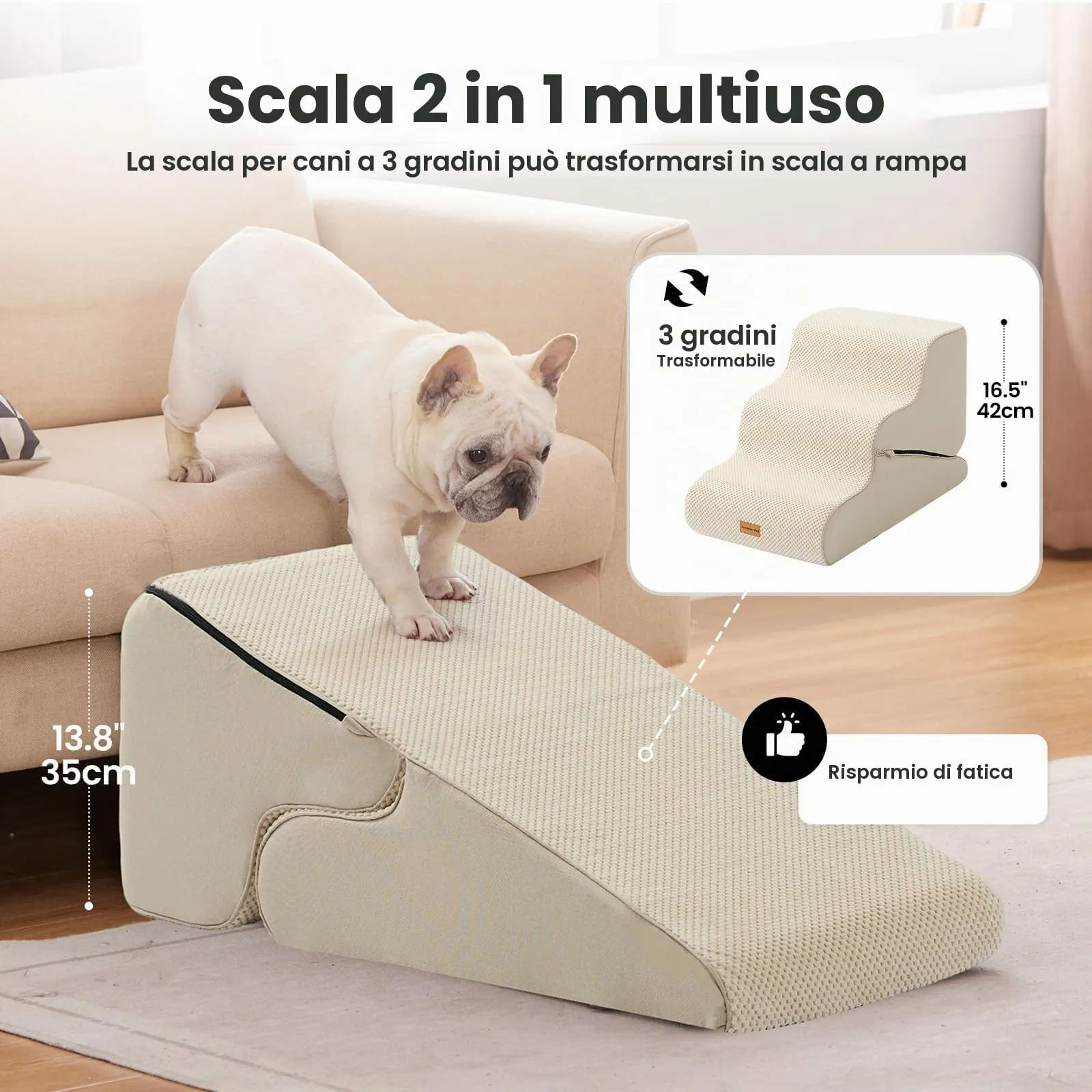 Gardner Pet Scala Cani Pieghevole 2-in-1, 3 Gradini o Rampa, 35/42cm, Beige - immagine 2