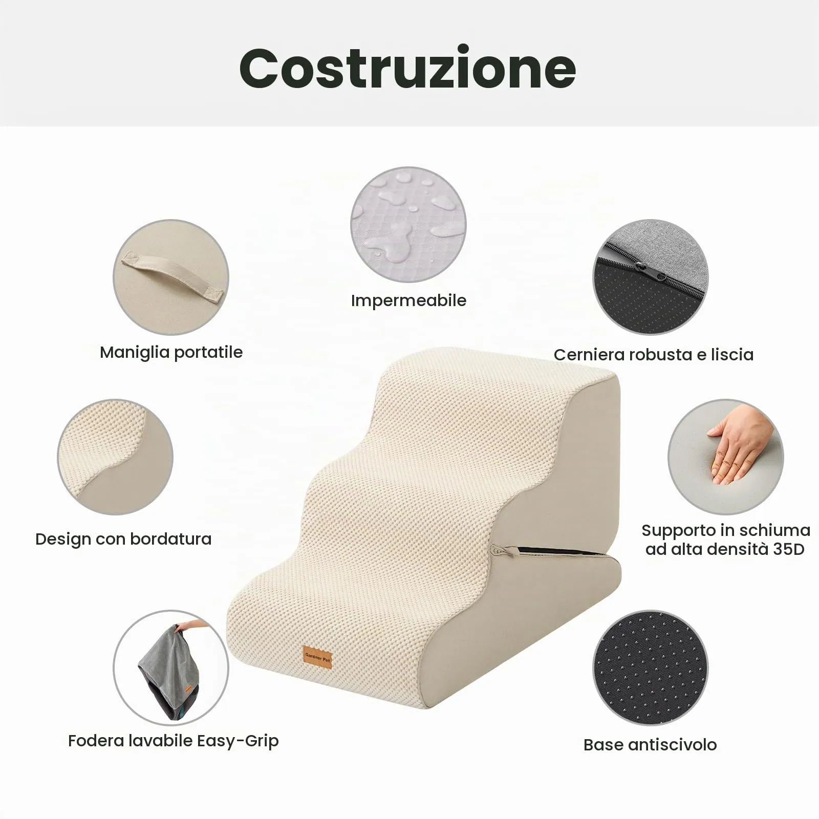 Gardner Pet Scala Cani Pieghevole 2-in-1, 3 Gradini o Rampa, 35/42cm, Beige - immagine 4