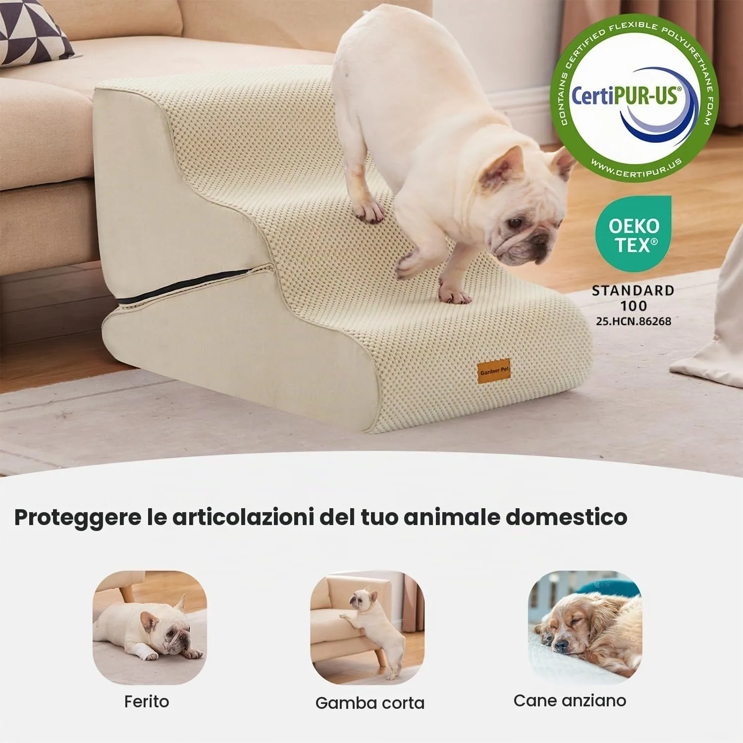 Gardner Pet Scala Cani Pieghevole 2-in-1, 3 Gradini o Rampa, 35/42cm, Beige - immagine 5