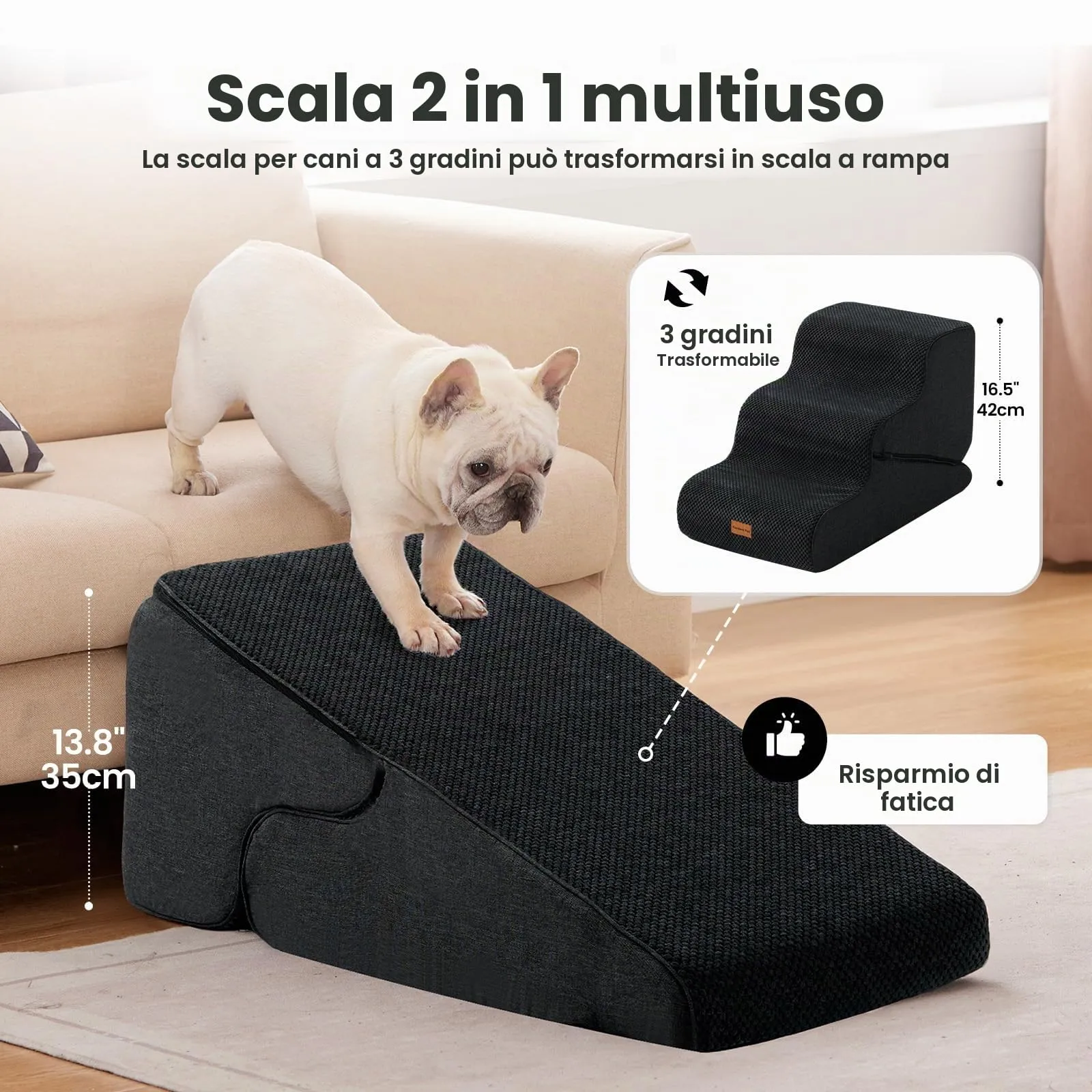 Gardner Pet Scala Cani Pieghevole 3 Gradini, 35/42cm, Grigio Scuro - immagine 2