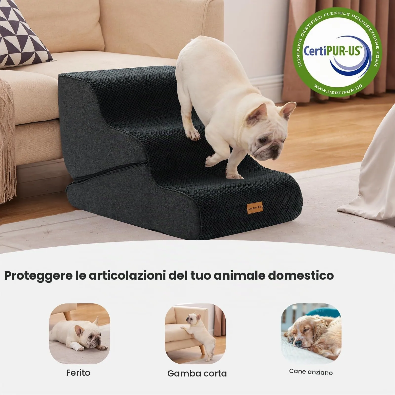 Gardner Pet Scala Cani Pieghevole 3 Gradini, 35/42cm, Grigio Scuro - immagine 5